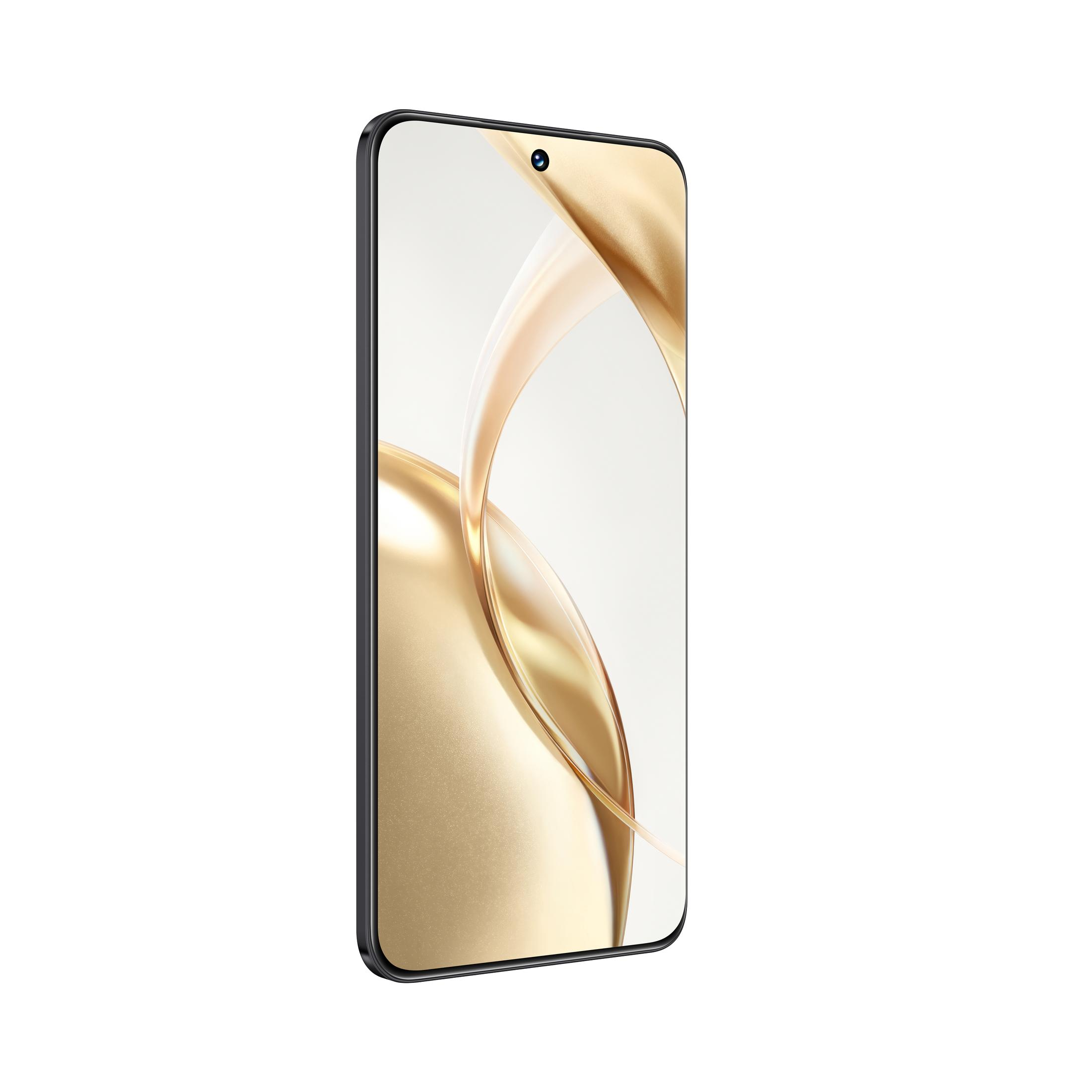 Smartfon z zakrzywionym ekranem. Złote tło na ekranie. Czarna ramka.