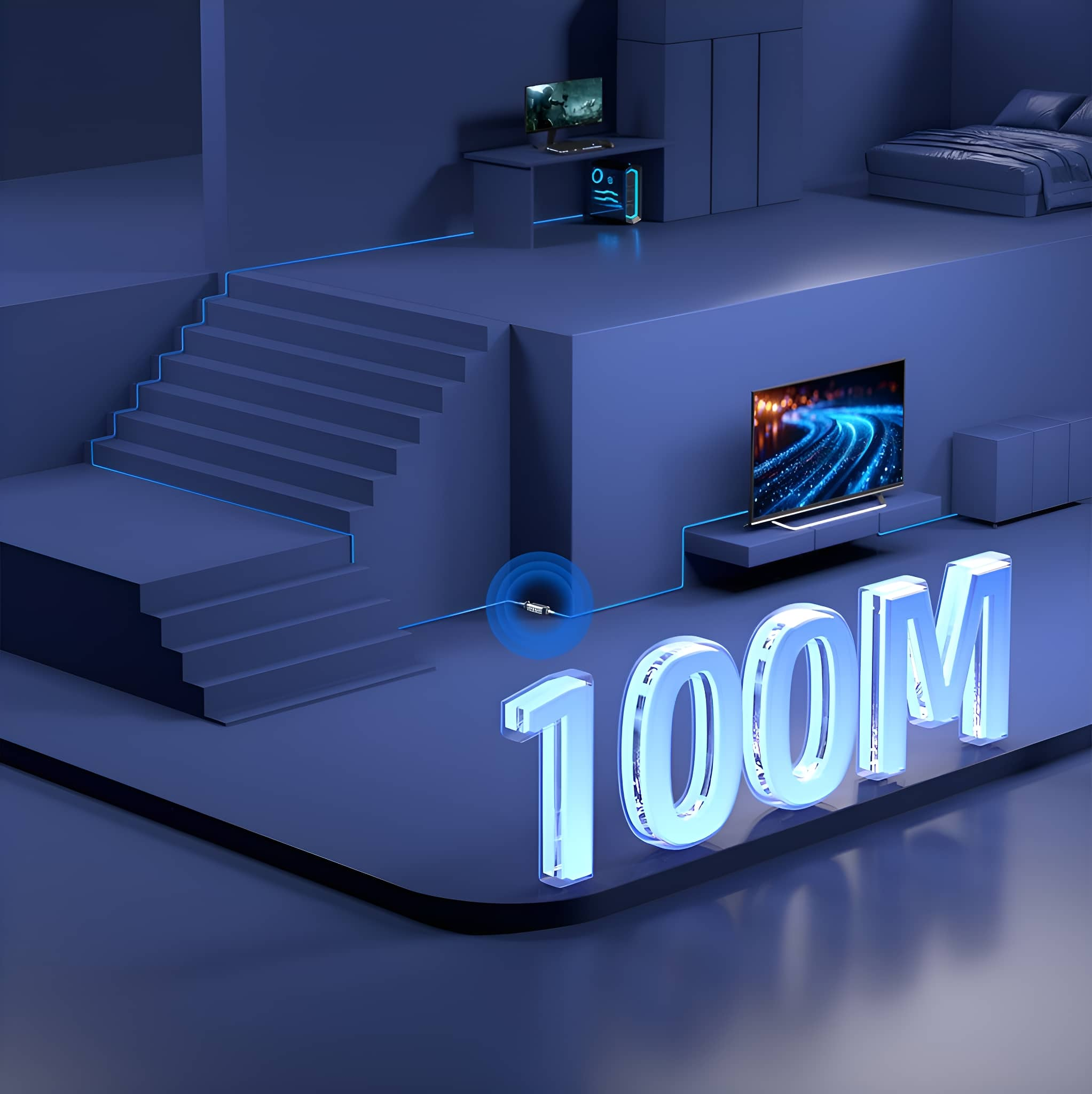Ein modernes blaues Interieur mit digitalen Bildschirmen, Möbeln und dem Text '100M'.