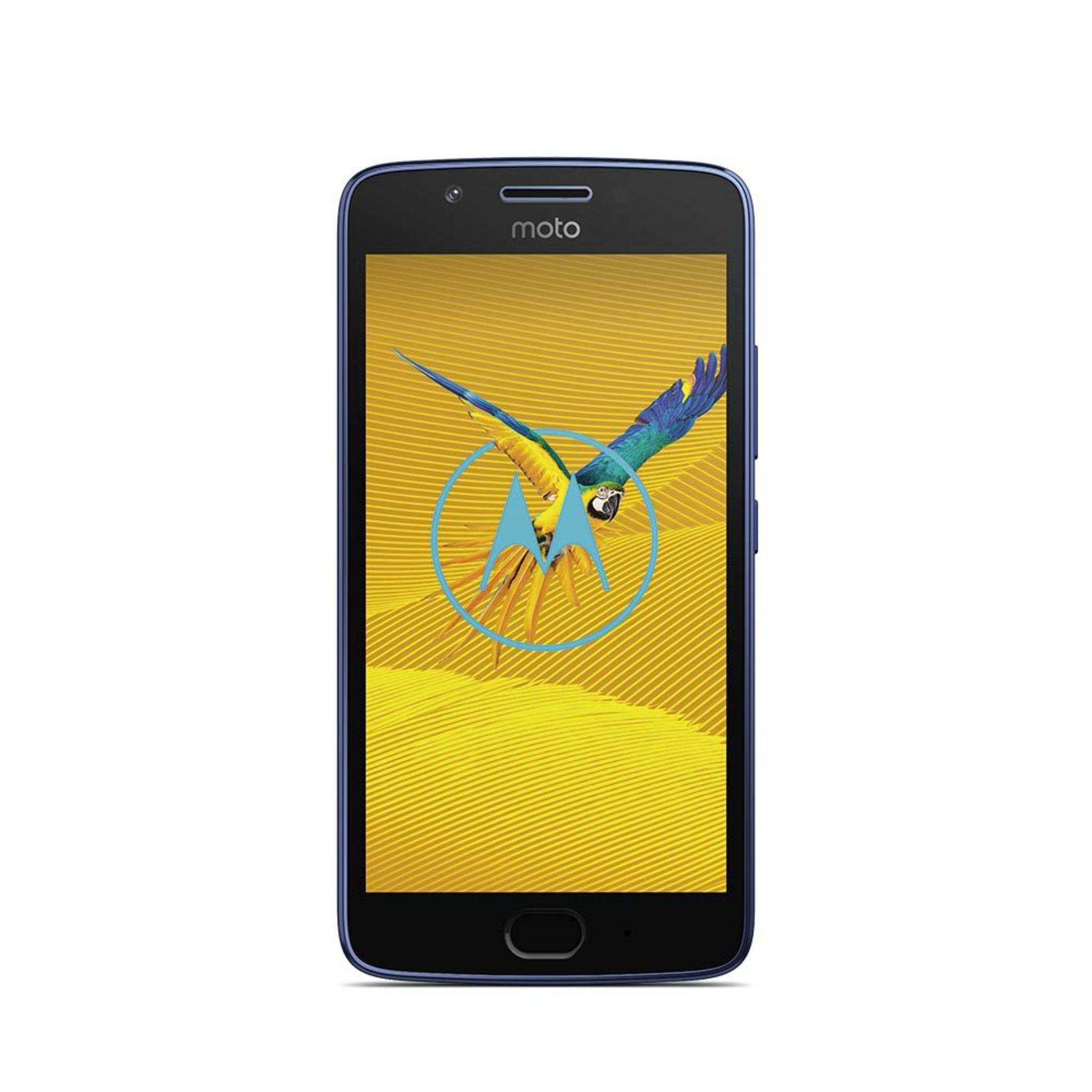 Ein blaues Smartphone mit einem bunten Bild eines Papageis auf dem Bildschirm. Die Marke ist 'moto'.