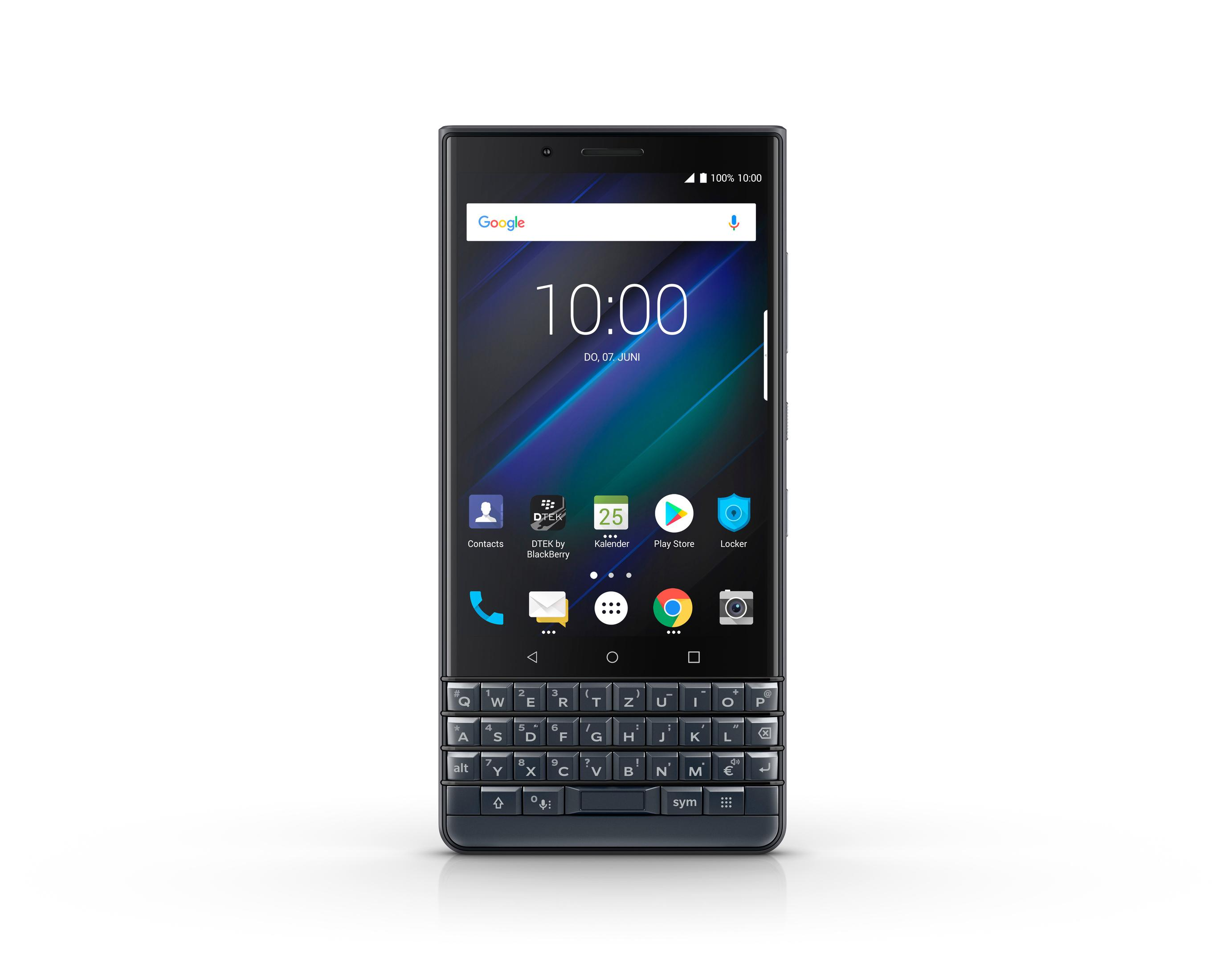 Blackberry-Telefon mit Tastatur, das die Uhrzeit und einige App-Symbole anzeigt. Weißer Hintergrund.