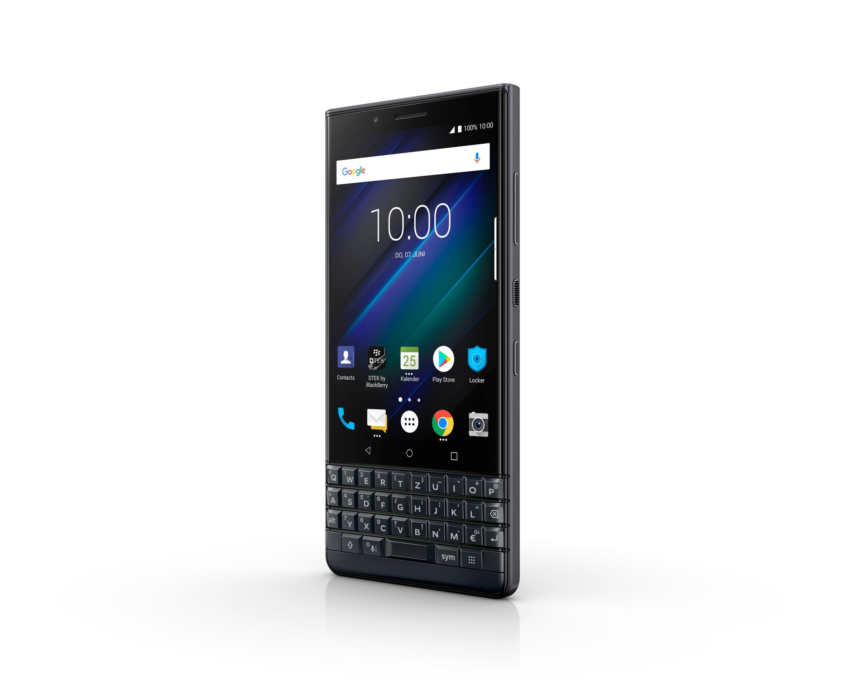 BlackBerry-Smartphone mit Tastatur. Bildschirm zeigt Uhrzeit, Symbole und eine Suchleiste. Weißer Hintergrund.