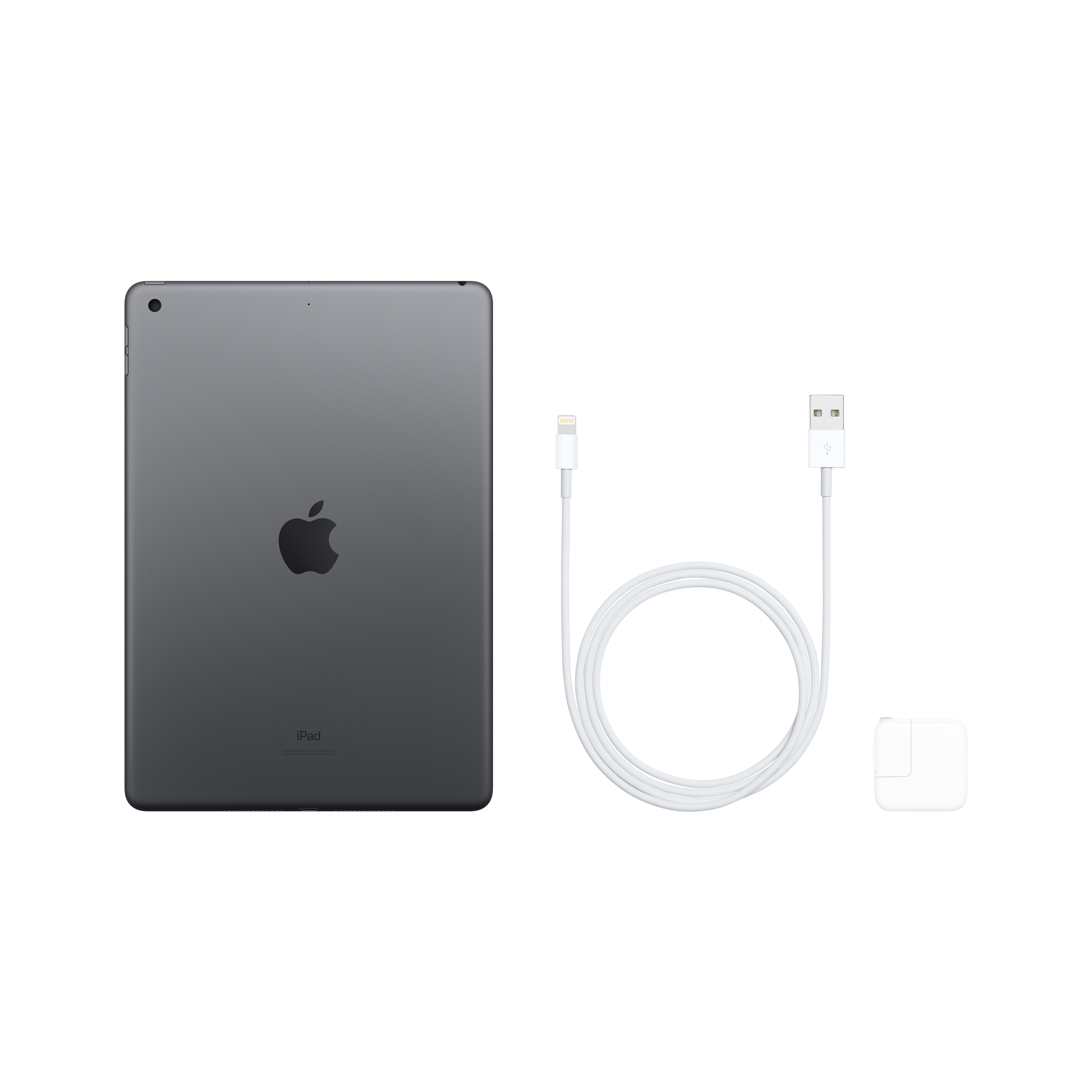 iPad con cable Lightning y adaptador de corriente. El logo de Apple es visible.