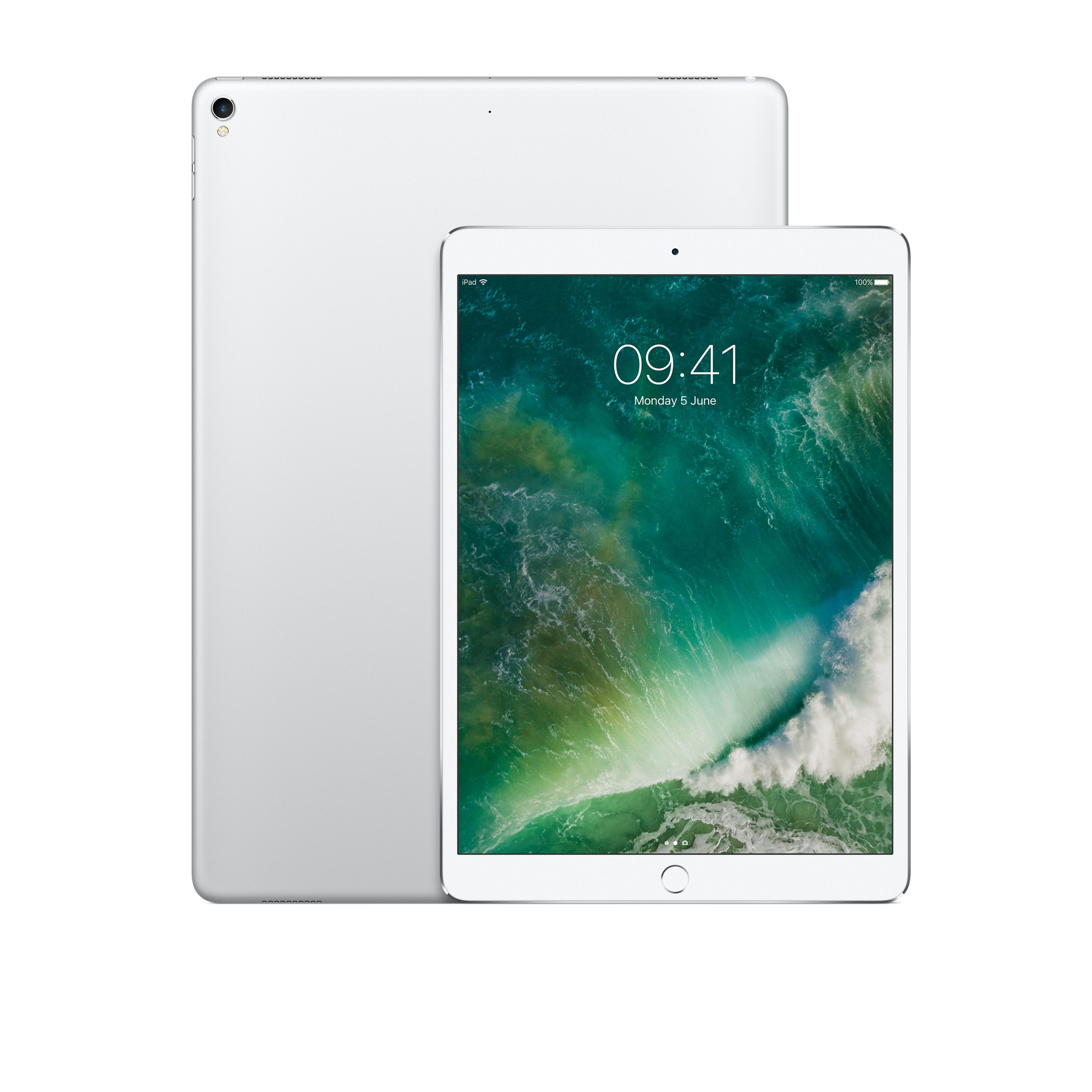 Twee zilveren iPads op een witte achtergrond. Eén is aan en toont tijd en een golf.