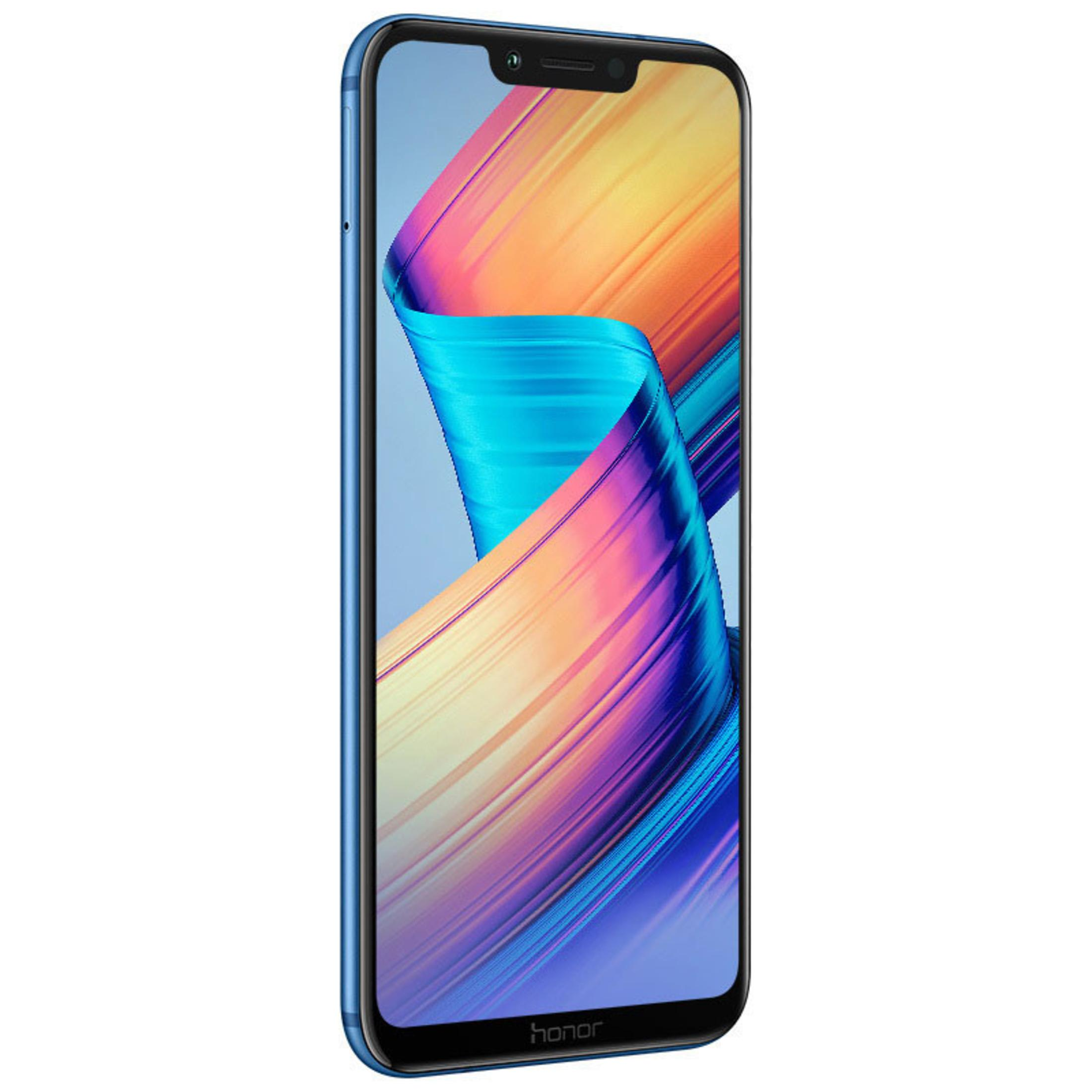 Ein blaues Smartphone, das ein farbenfrohes abstraktes Bild auf dem Bildschirm zeigt.