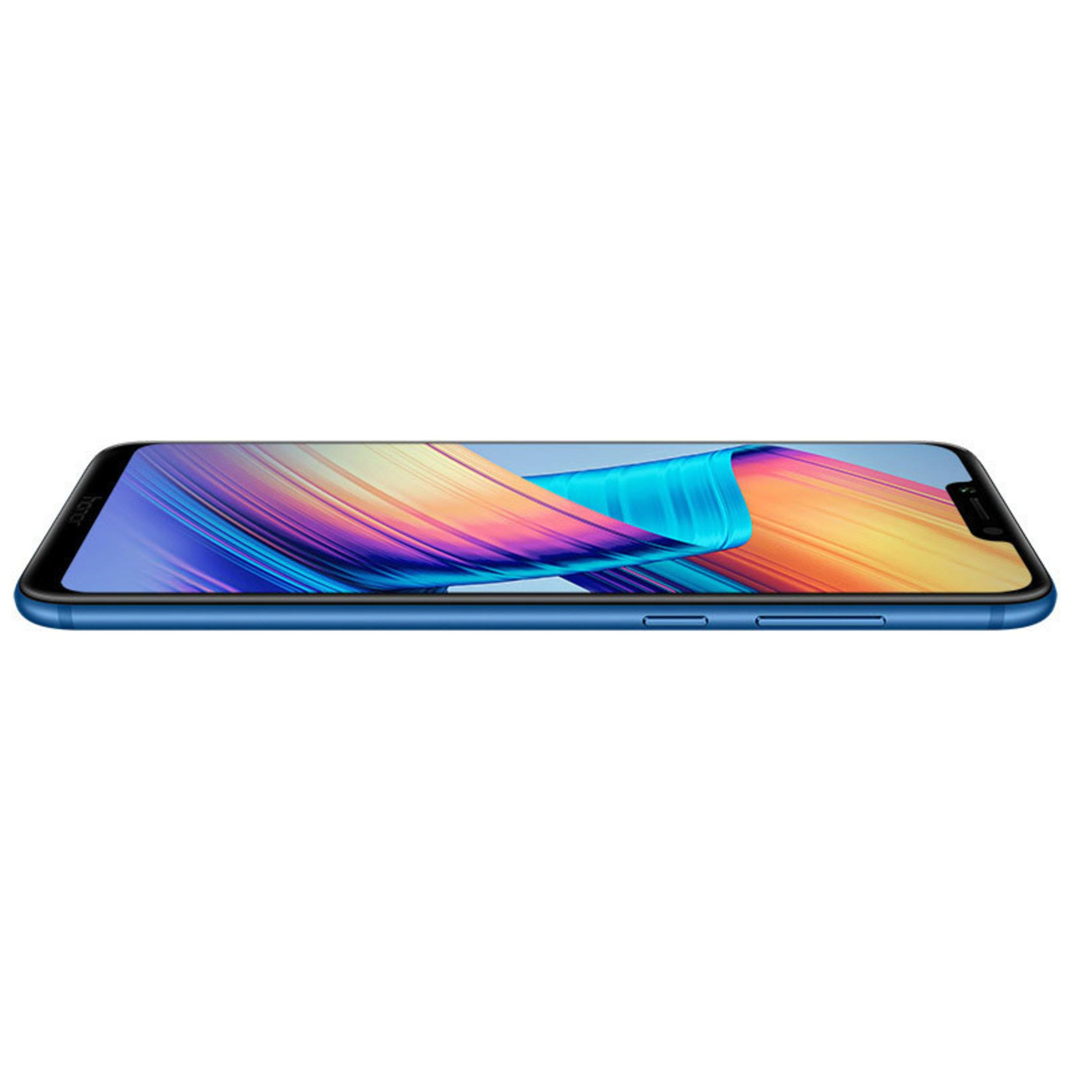 Blaues Smartphone, Draufsicht, mit Bildschirm, der ein farbenfrohes abstraktes Design zeigt, auf weißem Hintergrund.