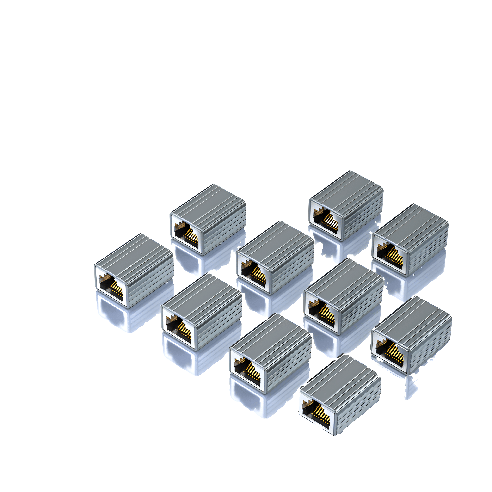 Zehn silberne RJ45-Anschlüsse in einer Anordnung.
