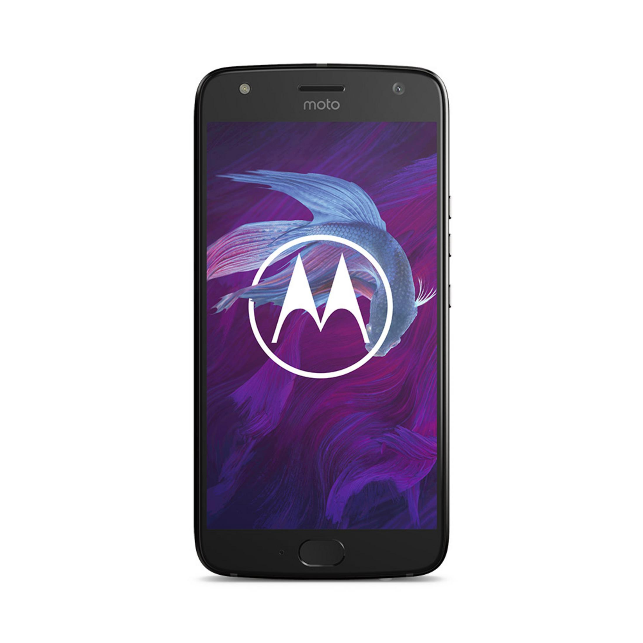 Schwarzes Smartphone zeigt einen Fisch auf lila Hintergrund mit dem Motorola Logo.