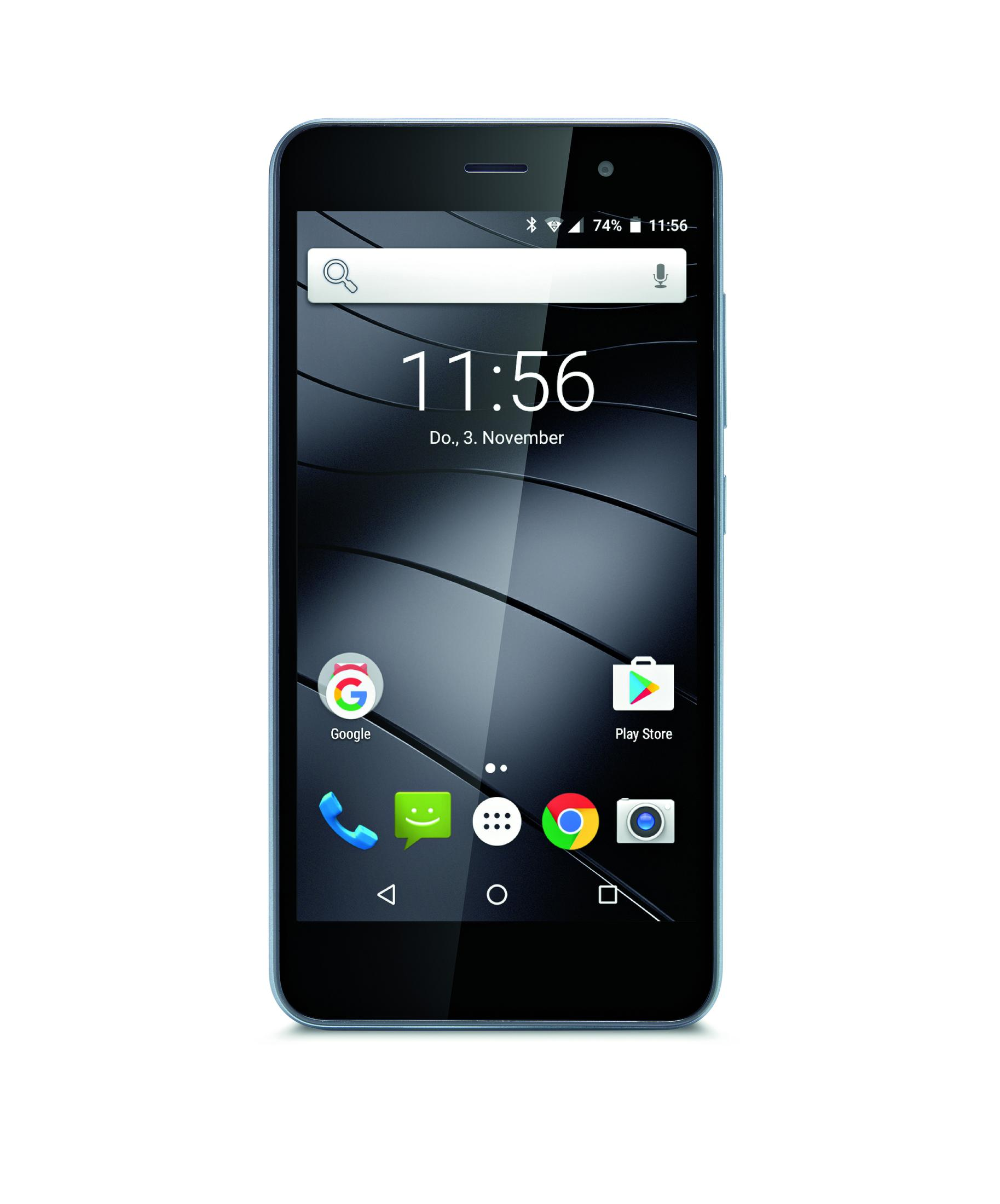Smartphone mit schwarzem Bildschirm, der Zeit und Symbole auf weißem Hintergrund anzeigt.