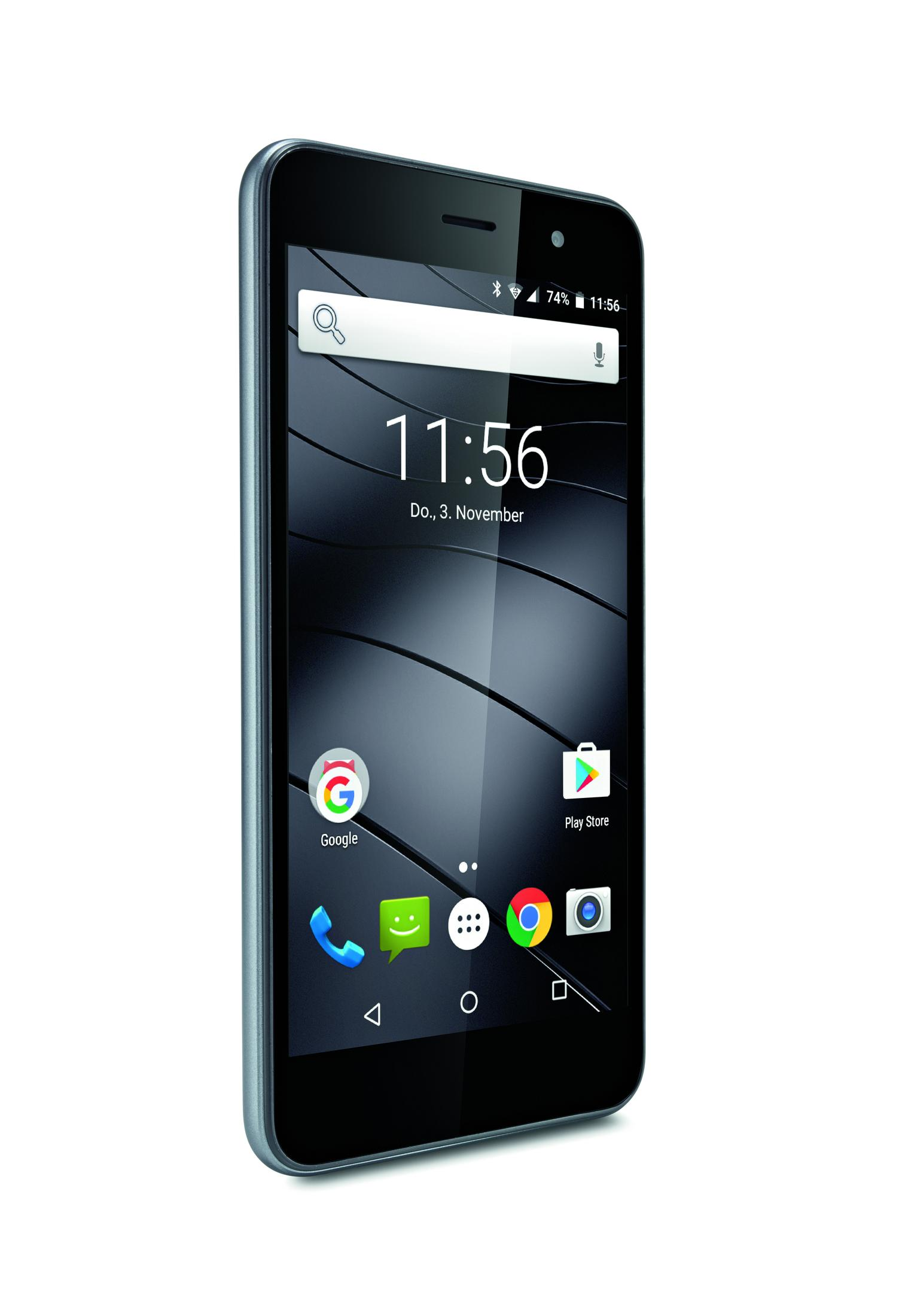 Ein schwarzes Smartphone mit Display, das die Uhrzeit und eine Suchleiste anzeigt. Google- und Play Store-Symbole sind sichtbar.