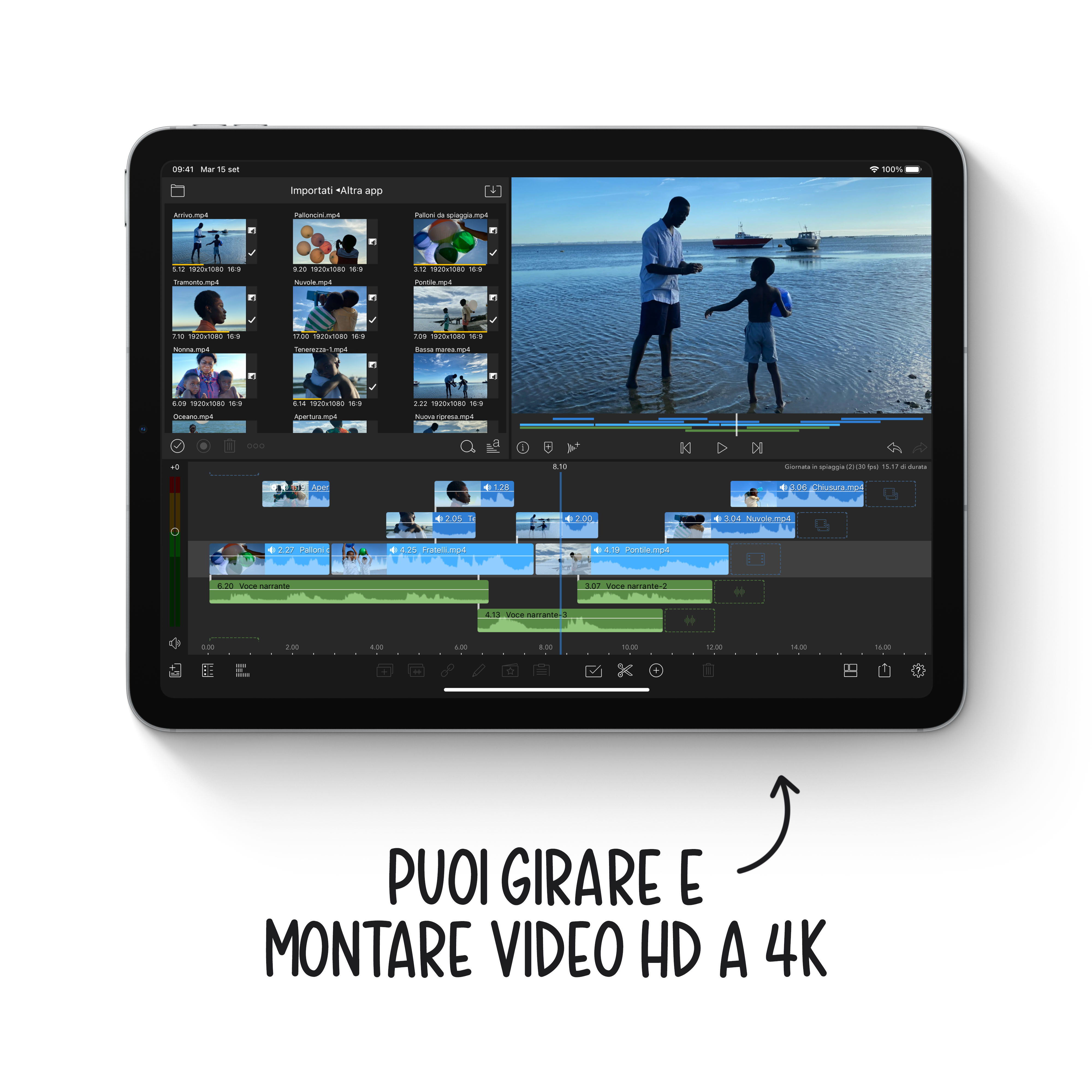 Een tabletscherm met een video-editing interface met Italiaanse tekst.