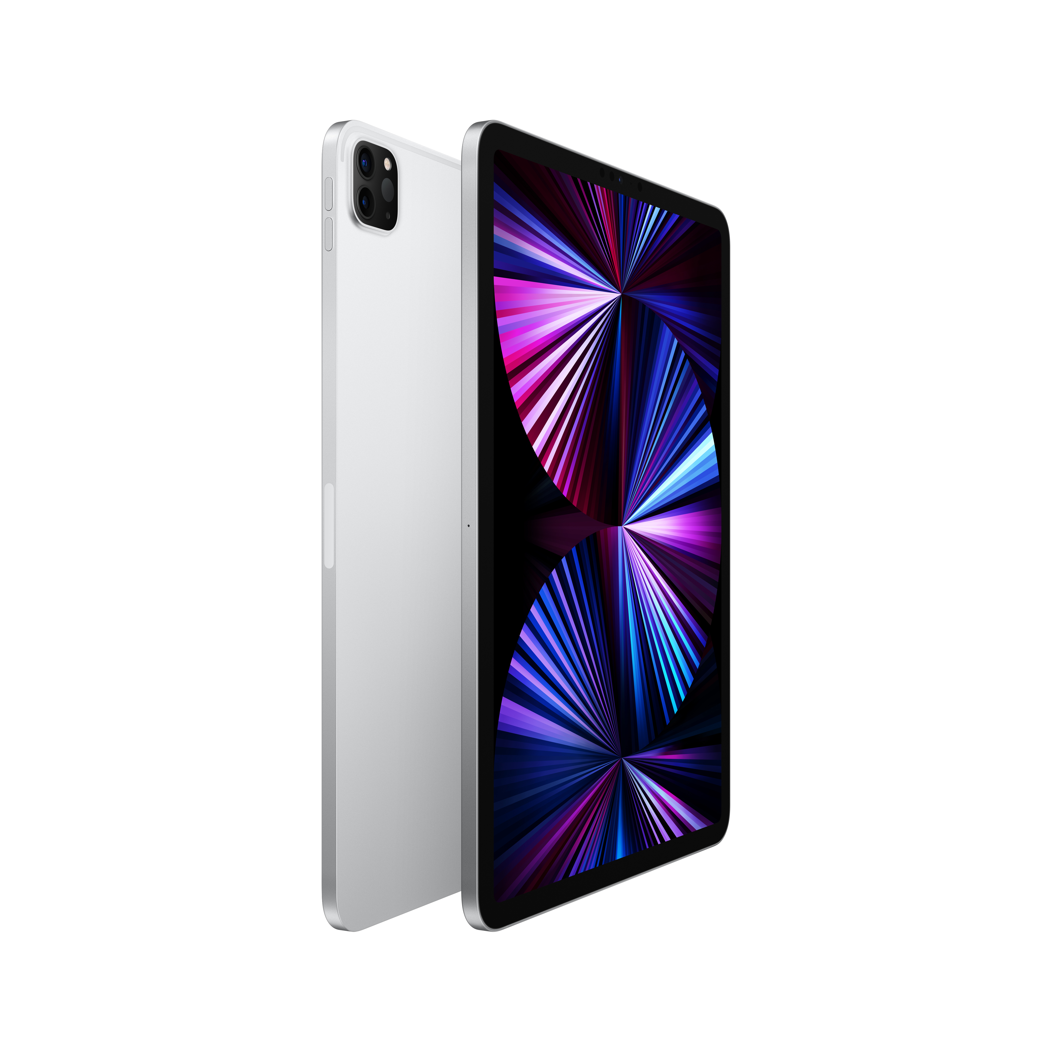 Srebrny tablet, częściowo widoczny ekran. Widoczny tył tabletu. Białe tło.