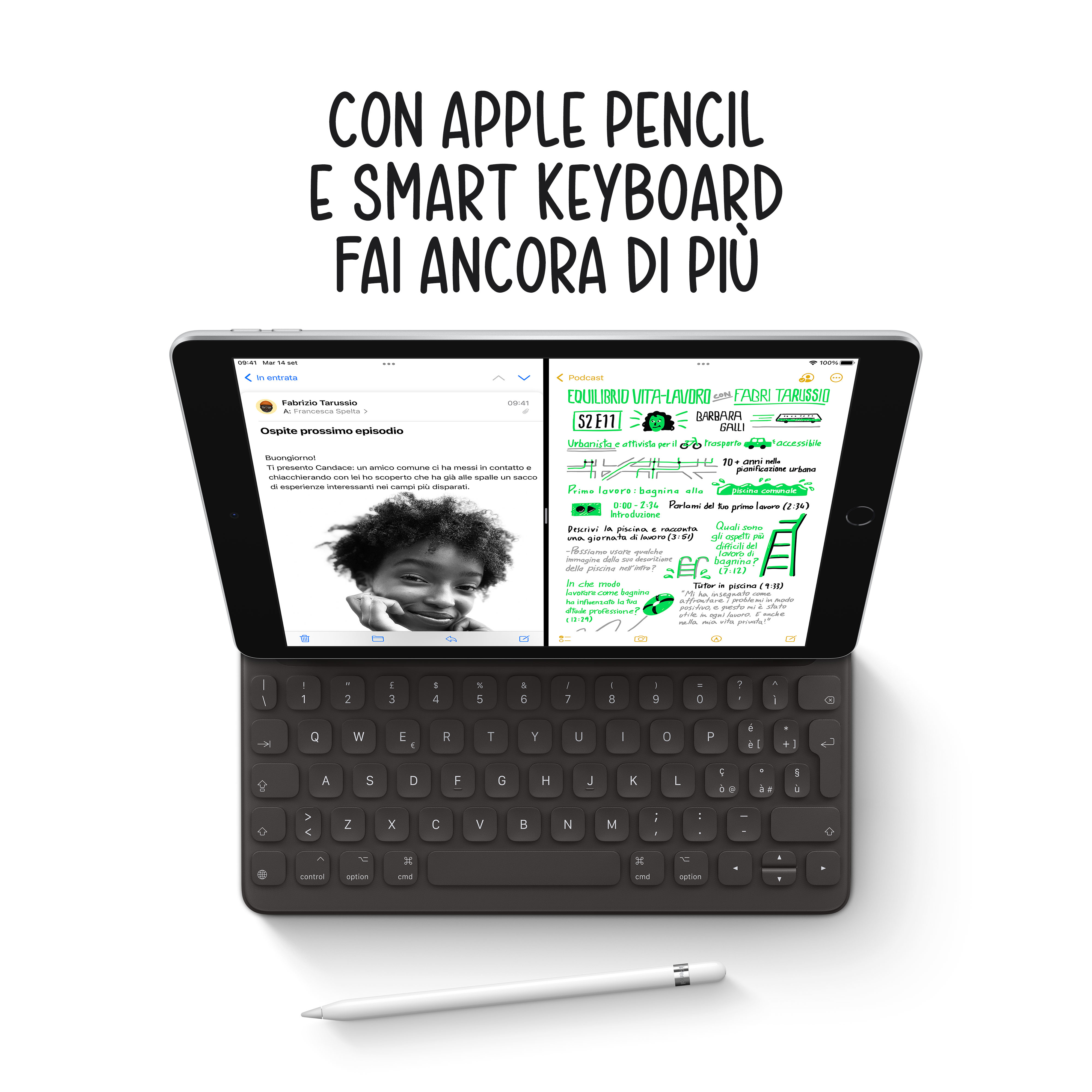 Tablet z klawiaturą i Apple Pencil. Tekst u góry mówi: 'CON APPLE PENCIL E SMART KEYBOARD'