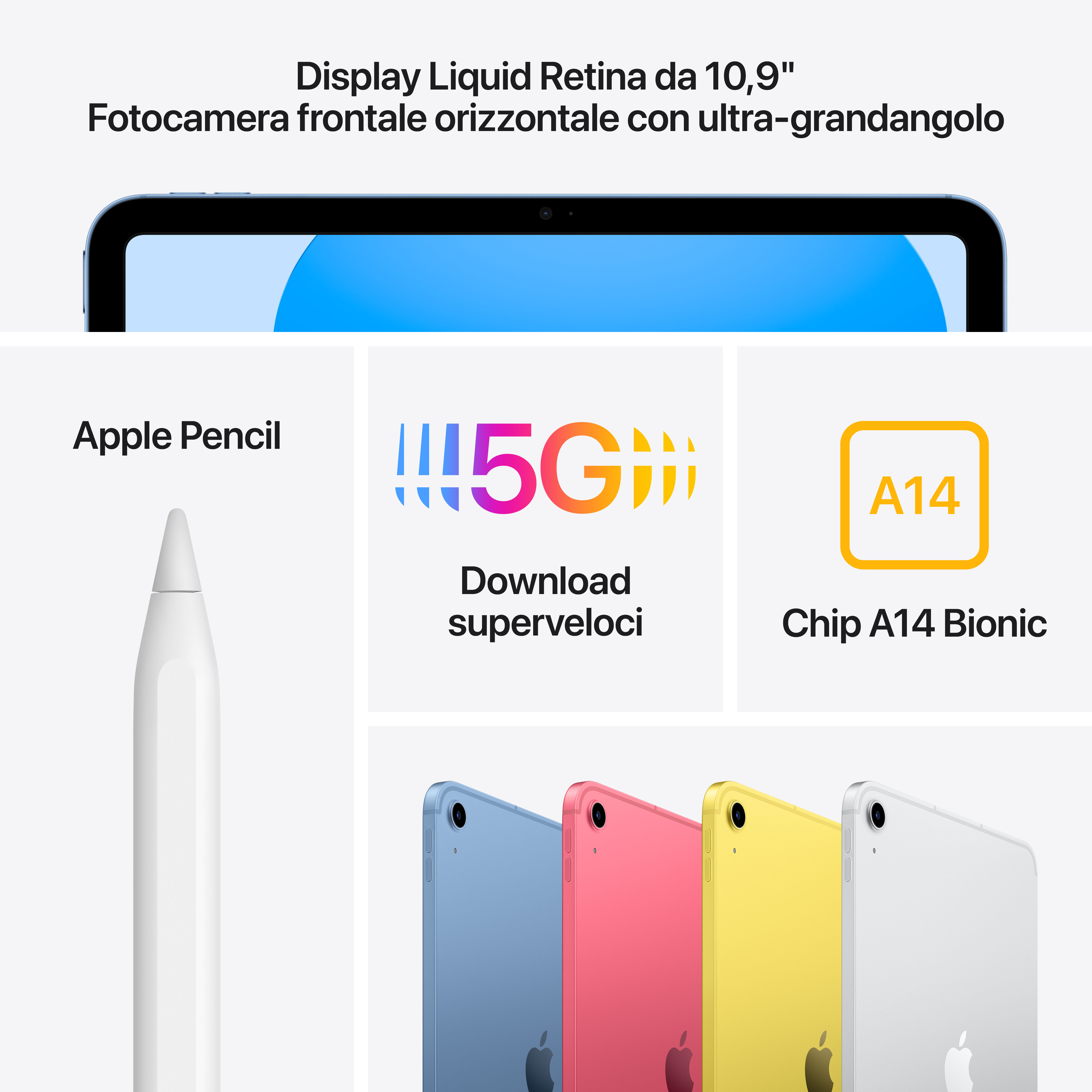iPad z ekranem i ikonami, Apple Pencil i wariantami kolorystycznymi. Tekst: 5G, A14 Bionic.