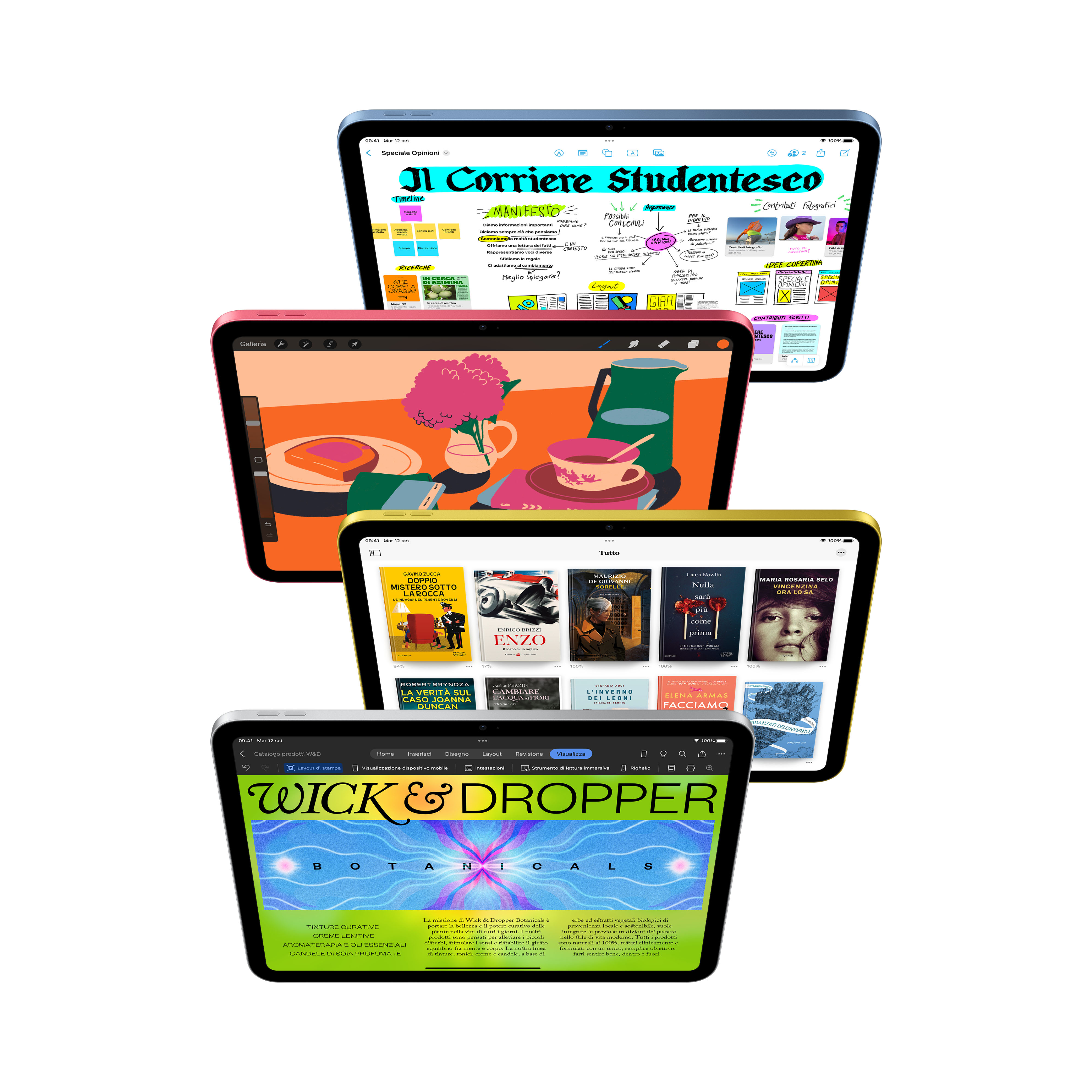 Four tablets are stacked. Each displays different content. The top one is blue, the bottom one is black.