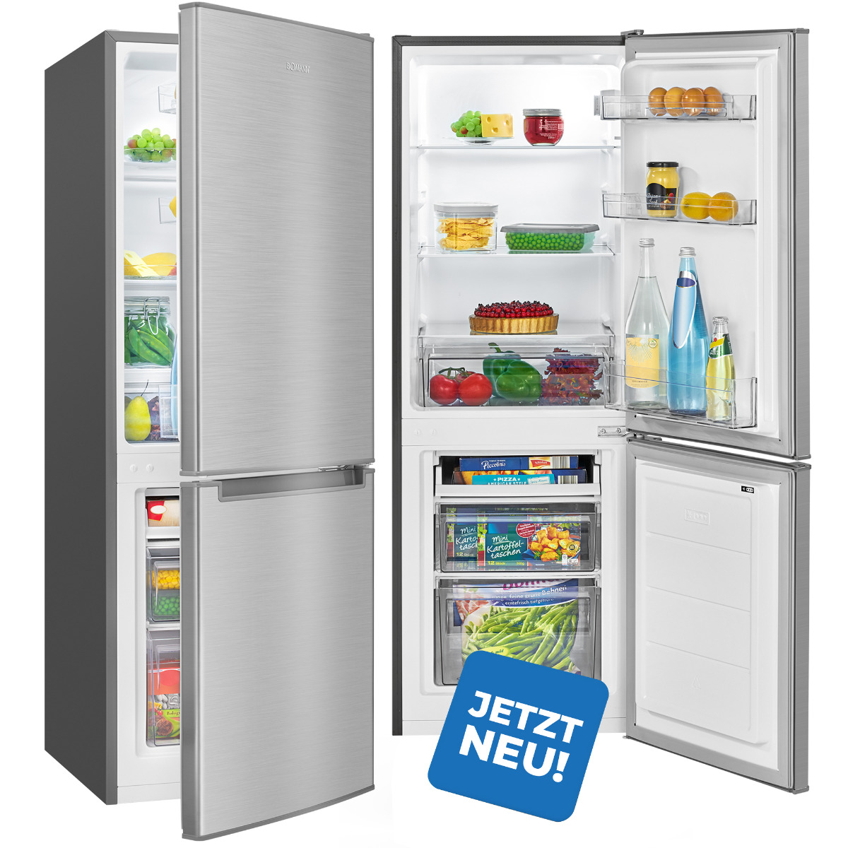 Silberner Kühlschrank mit offener Tür, Essen im Inneren und blauem Aufkleber.