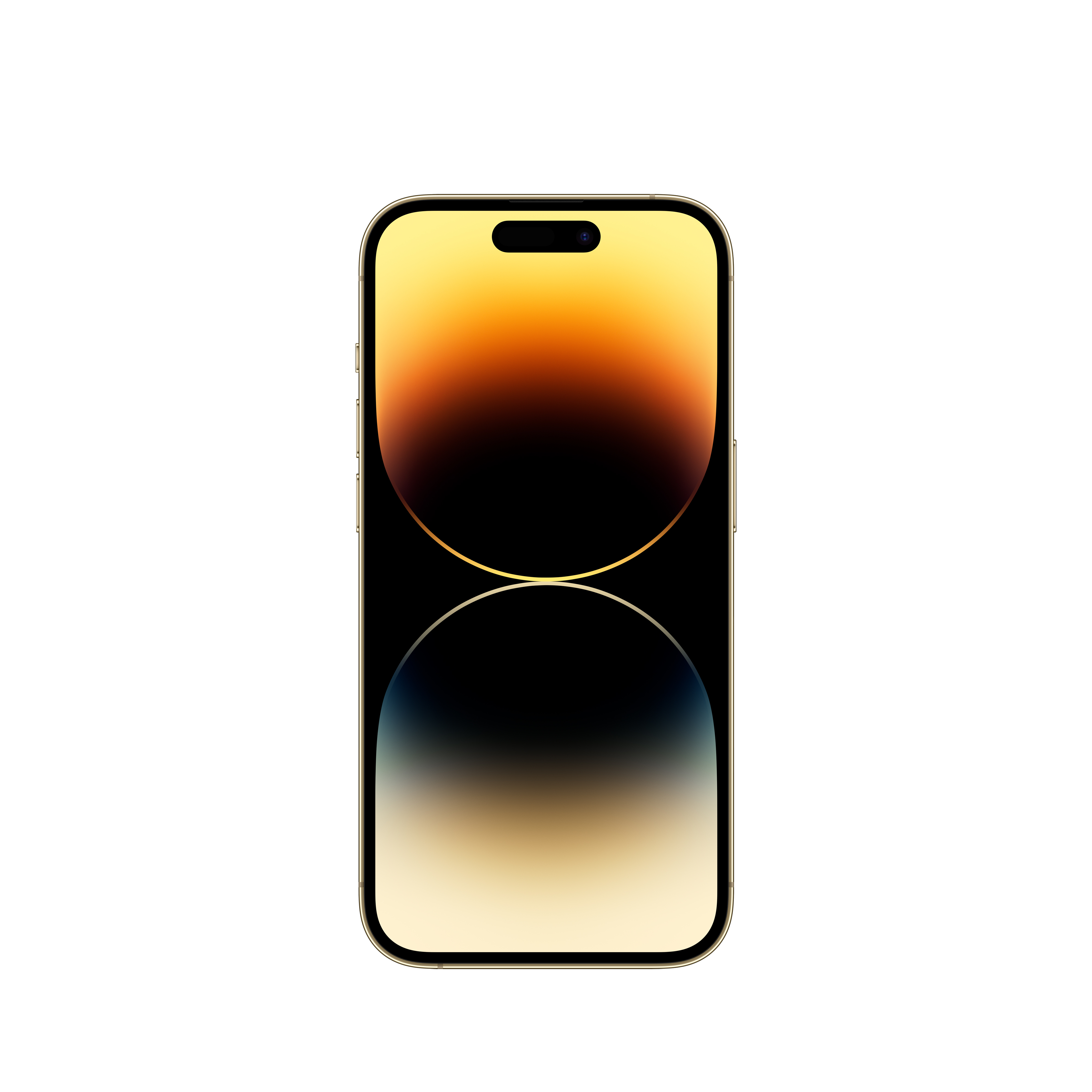 Złoty iPhone 14 Pro, widok z przodu, pokazujący ekran. Białe tło.