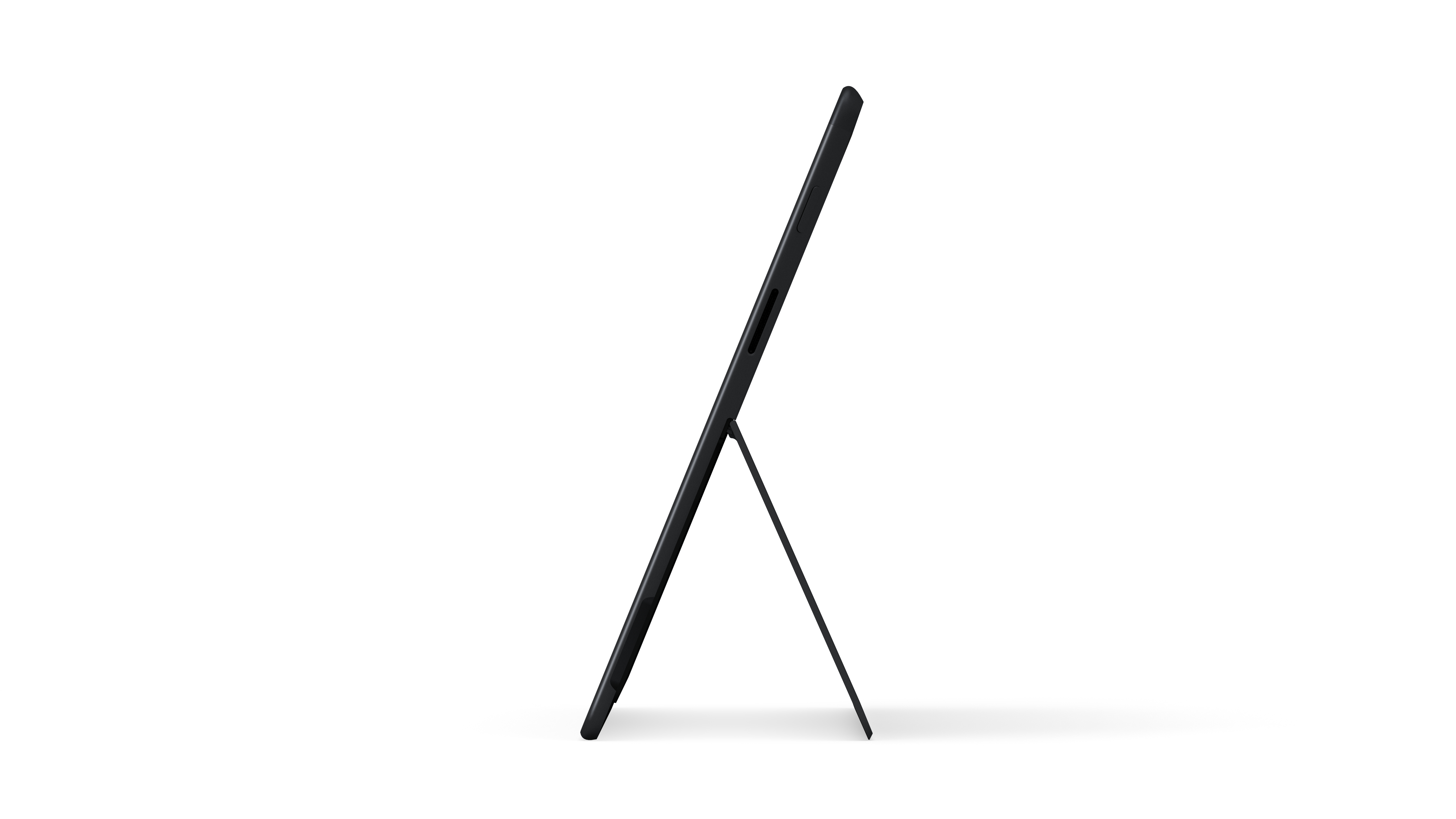 Schwarzes Tablet mit Ständer. Seitenansicht. Abgewinkelt auf weißem Hintergrund. Schlankes Design.