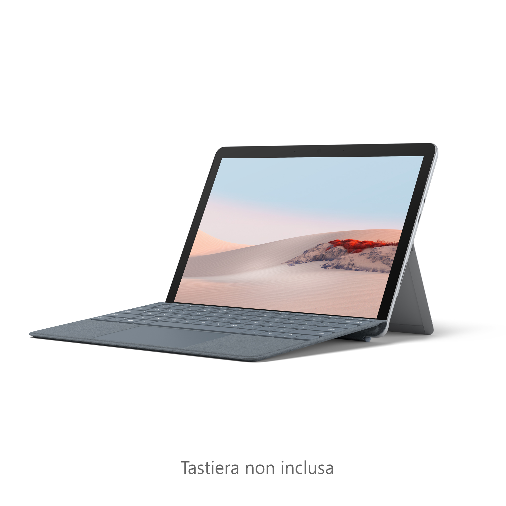 Ein graues Tablet-Laptop mit angeschlossener Tastatur, geöffnet auf einer weißen Oberfläche, mit Text darunter.