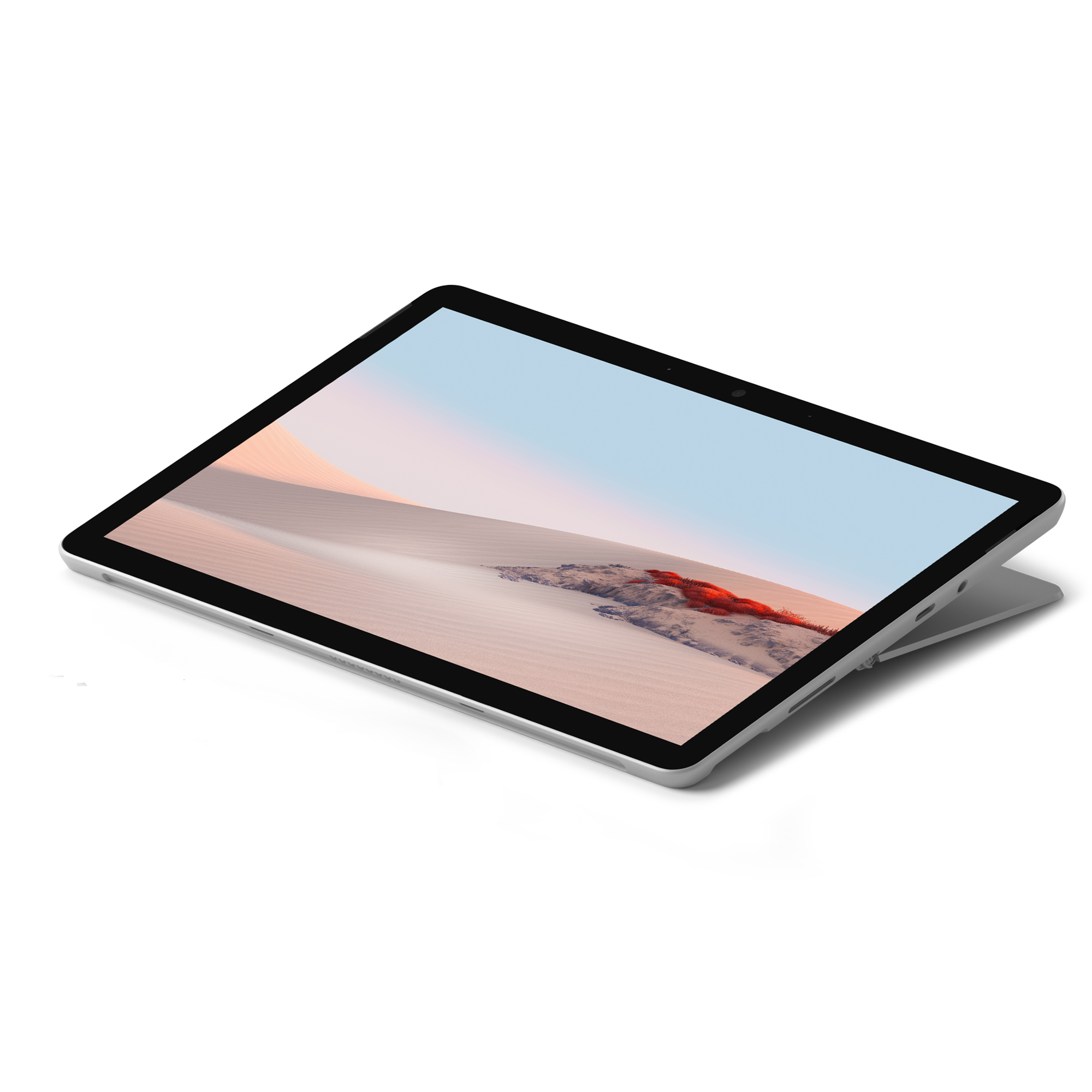 Silbernes Tablet mit einem Bildschirm, der eine Wüstenlandschaft zeigt. Winkelansicht. Weißer Hintergrund.