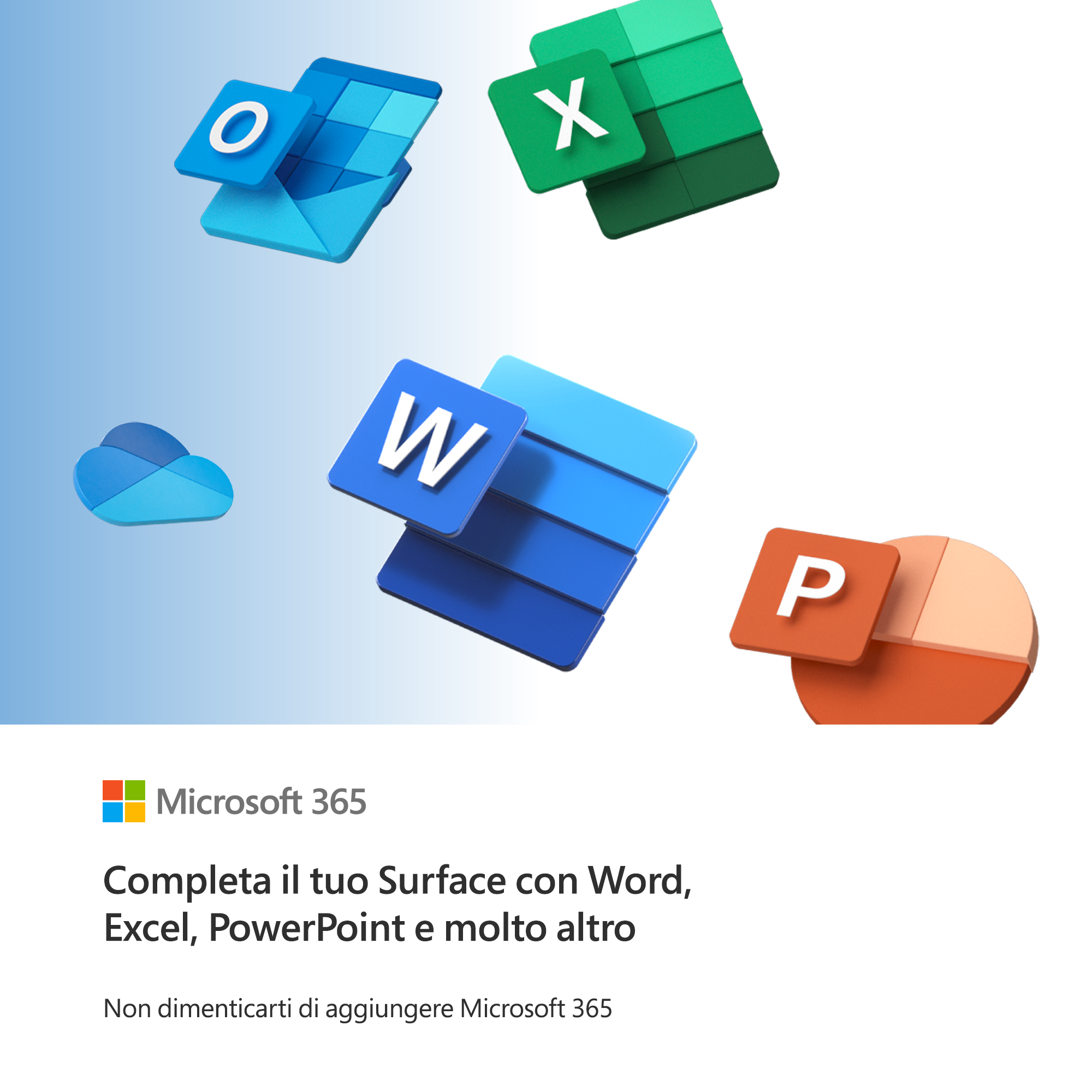 Anuncio de Microsoft 365 con iconos de aplicaciones y una nube. Fondo blanco.
