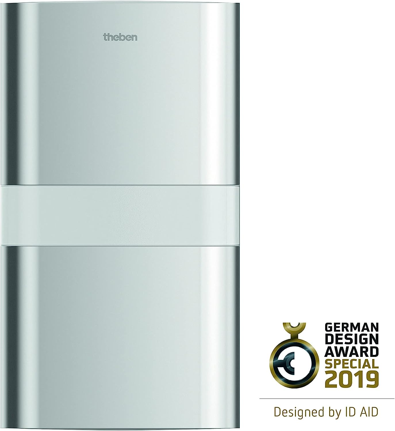 Silbernes vertikales Gerät mit 'theben' oben, German Design Award Logo und Text.