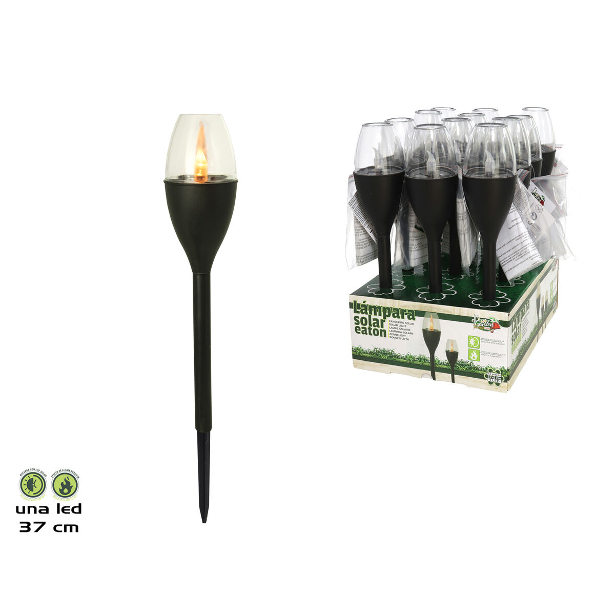 Antorcha de jardín negra con energía solar y un LED con forma de llama. La caja tiene muchas antorchas a la venta.