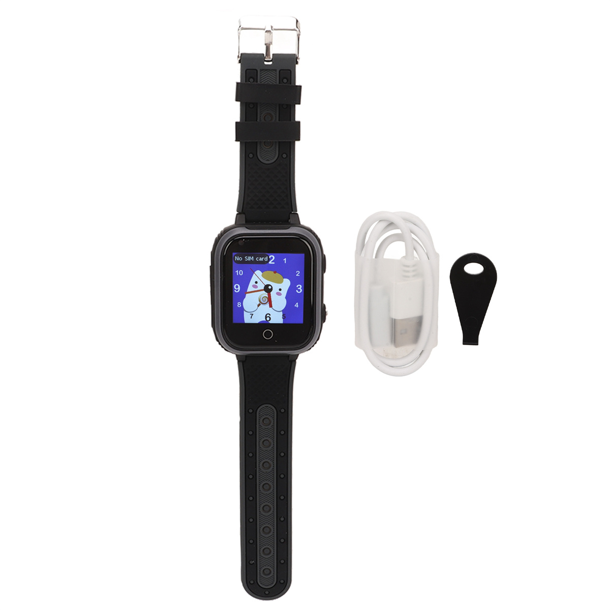 Schwarze Smartwatch mit schwarzem Armband, Ladegerät und Werkzeug. Weißer Hintergrund.