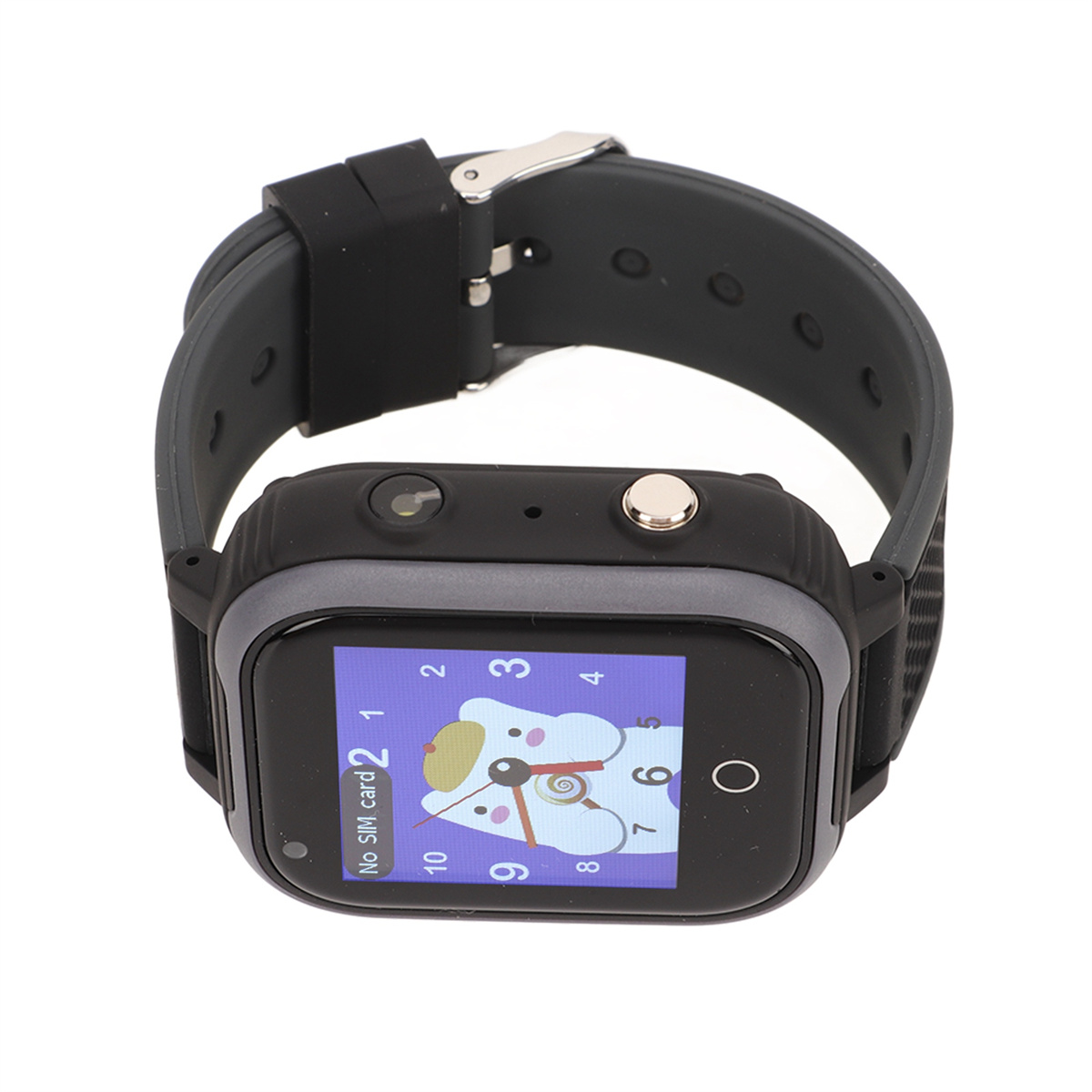 Smartwatch mit schwarzem Armband und Cartoon-Bildschirm. Weißer HG.