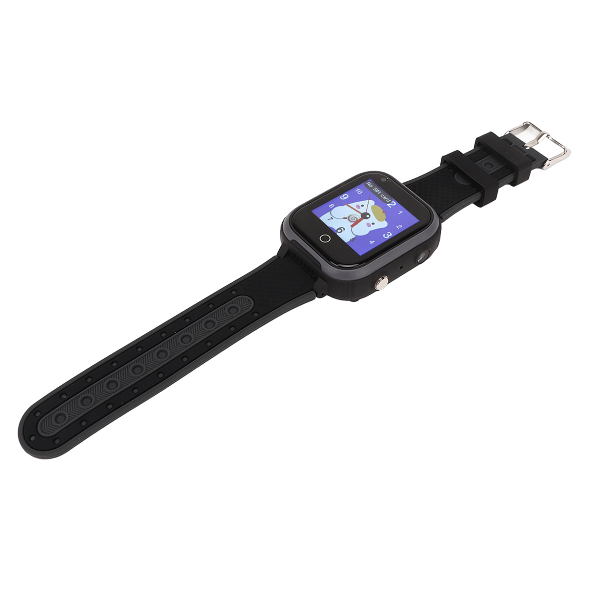 Eine schwarze Smartwatch mit einem Bildschirm, der ein Bärenbild zeigt, an einem schwarzen Armband.