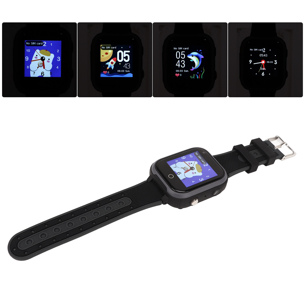 Eine schwarze Smartwatch mit mehreren Bildschirmen, die verschiedene Oberflächen anzeigen. Die Uhr hat ein schwarzes Armband und eine Schnalle.