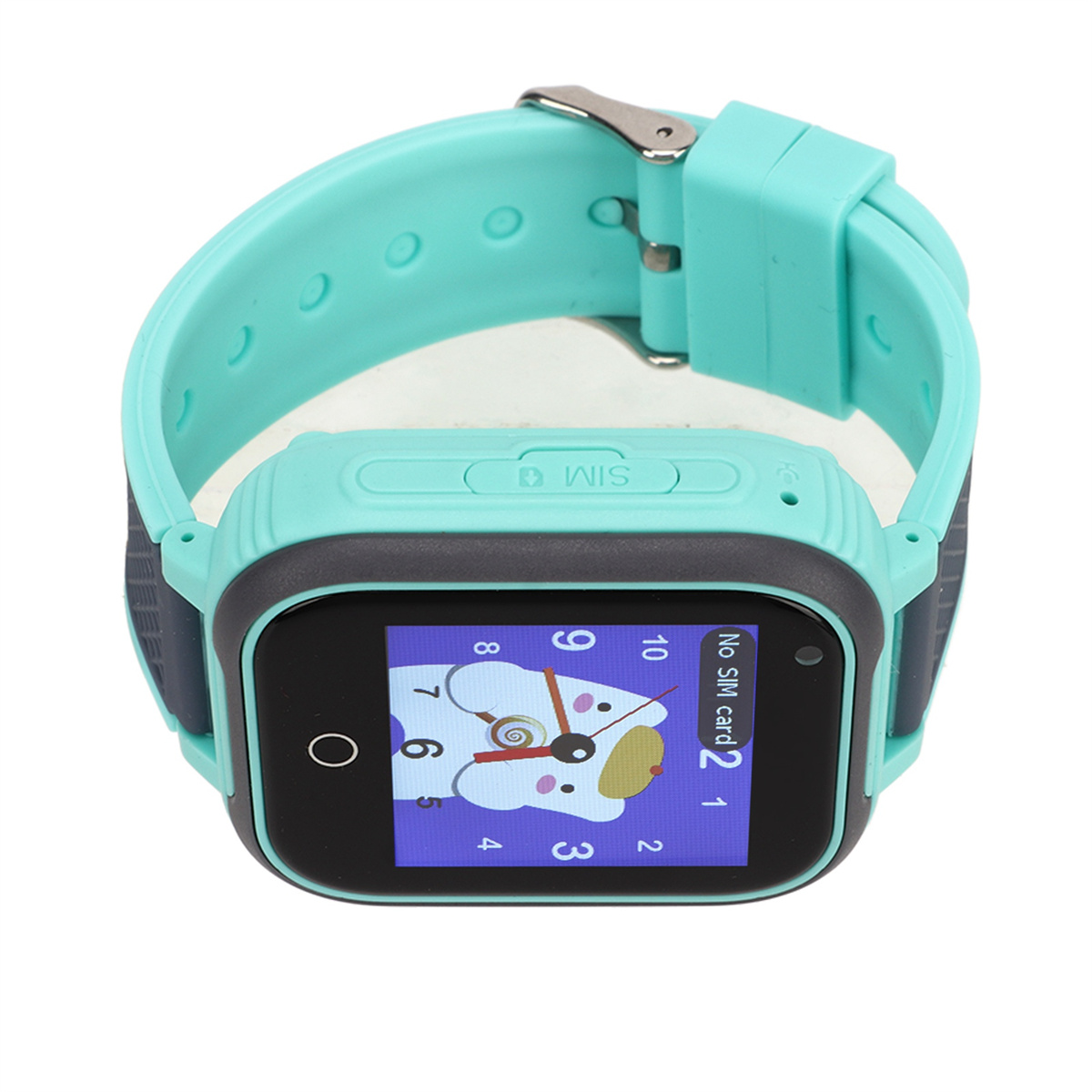 Eine türkisfarbene Smartwatch mit schwarzem Bildschirm, der ein Cartoon-Bären-Zifferblatt zeigt. Das Armband ist türkis.