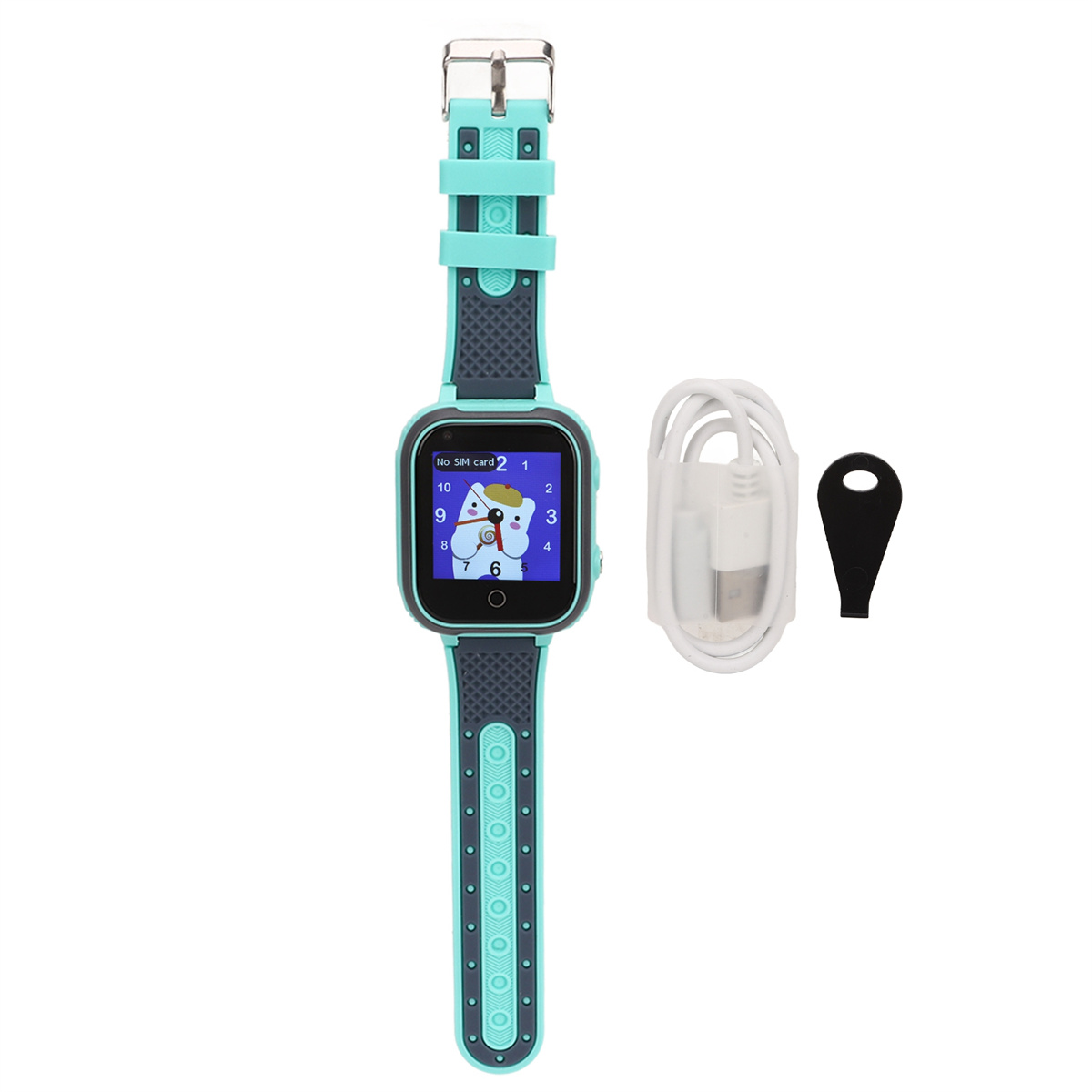 Eine türkisfarbene Smartwatch mit einem Bildschirm, der Zeit und Symbole anzeigt, neben einem Ladegerät.