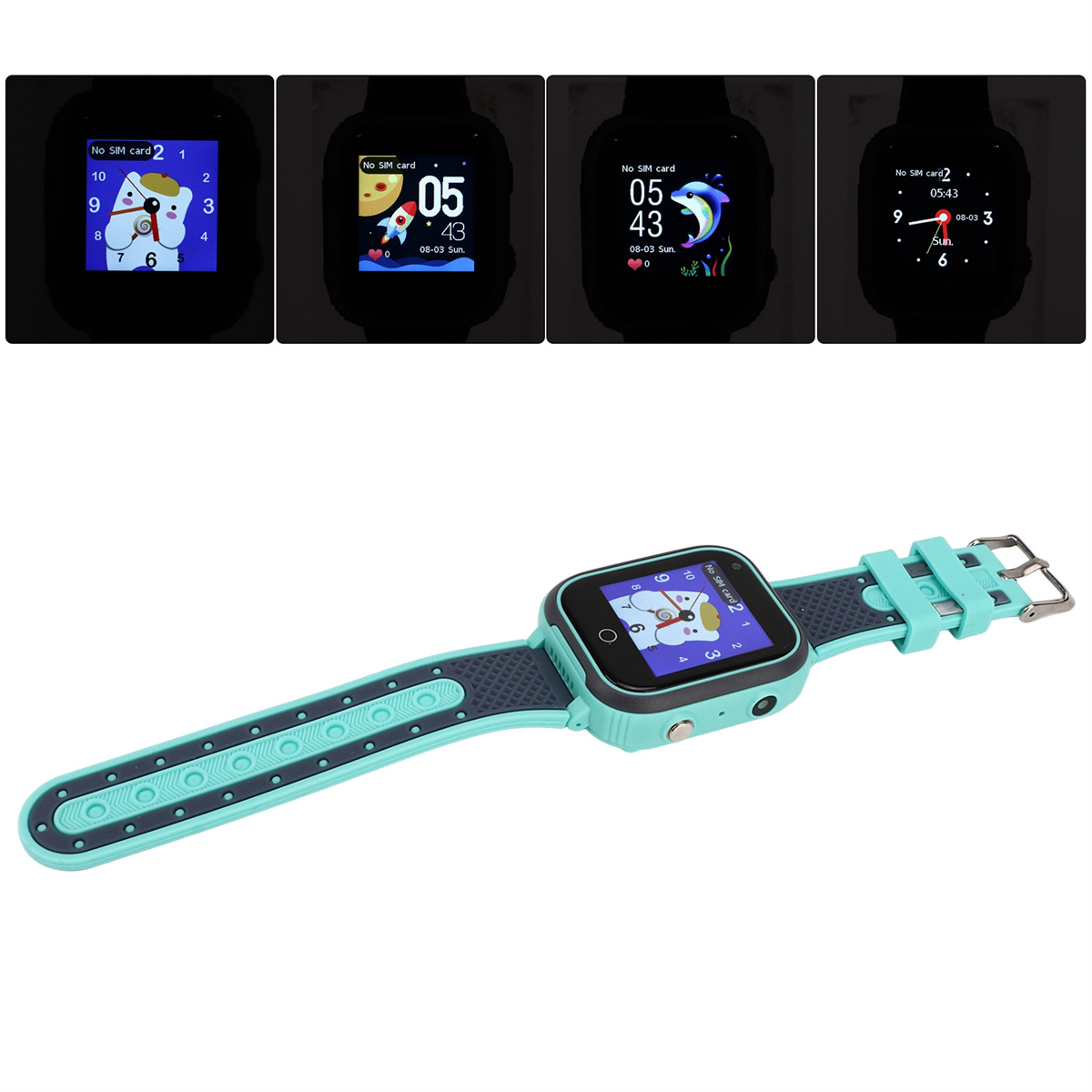 Eine Smartwatch mit verschiedenen Anzeigeoptionen. Sie ist türkis und grau mit einem türkis Band.