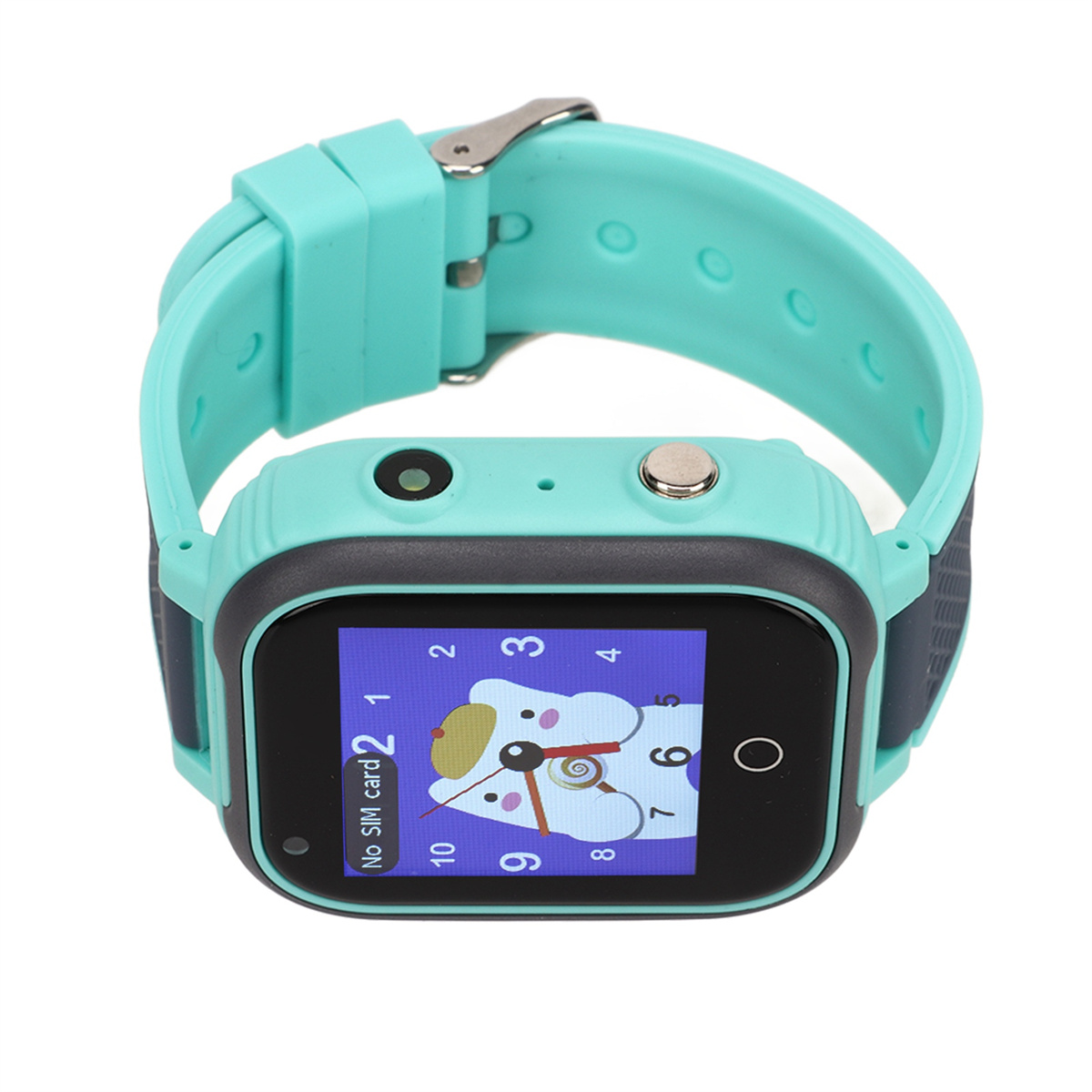 Eine türkisfarbene Smartwatch mit einem Cartoon-Bären auf dem Bildschirm und einem blauen Armband.