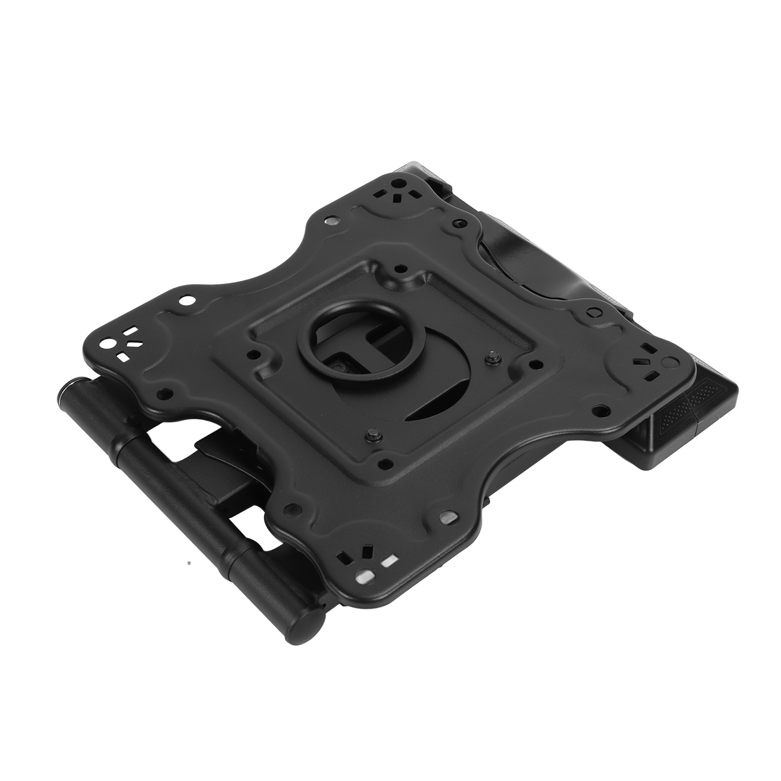 Eine schwarze, metallene, rechteckige TV-Wandhalterung. Es hat mehrere Löcher und Montagearme. Es ist auf Weiß isoliert.