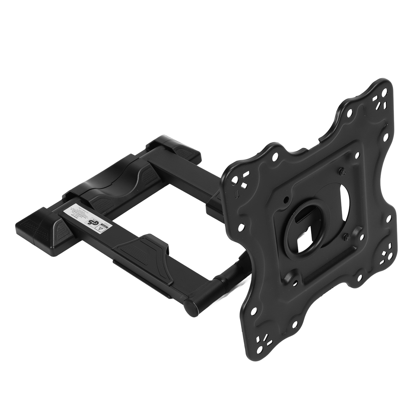 Schwarze, bewegliche TV-Wandhalterung. Sie hat eine Montageplatte und einen Arm.