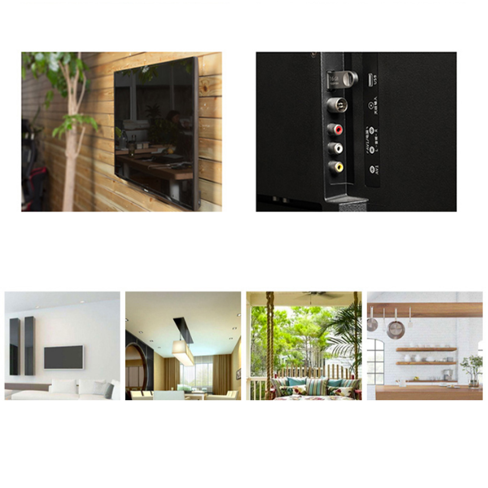 Bilder, die einen Fernseher an der Wand und verschiedene Innenarchitektur zeigen.