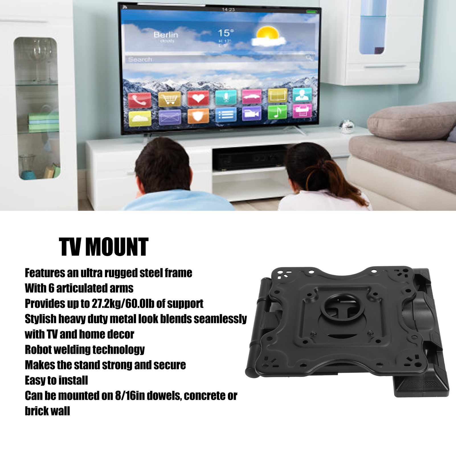 TV-Halterung an einer weißen Wand. Der Fernseher ist an der Wand montiert. Zwei Personen sehen fern.