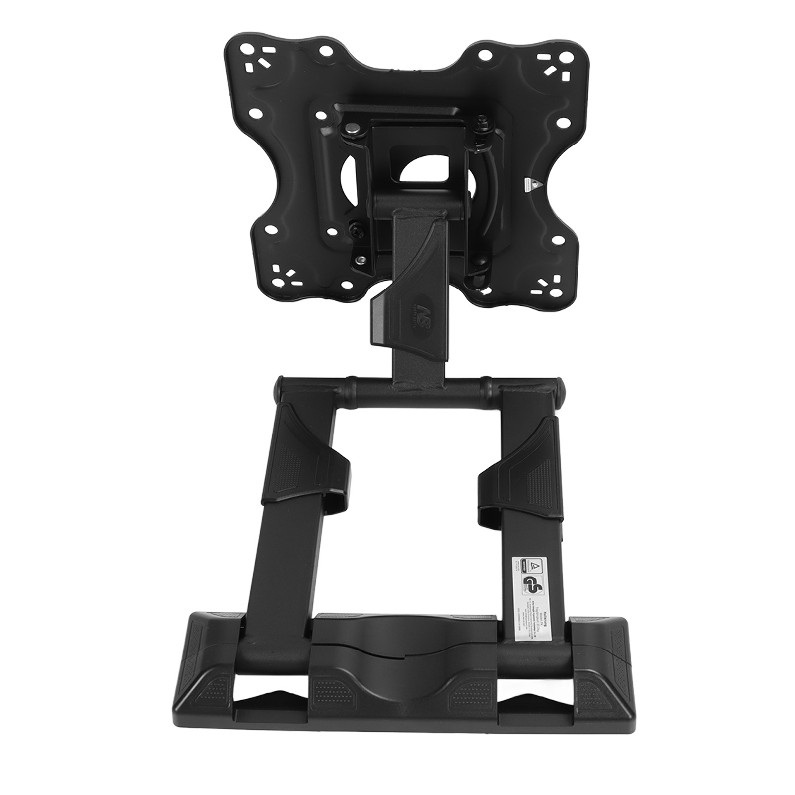 Schwarze TV-Halterung. Metallkonstruktion mit mehreren Löchern und verstellbaren Armen.