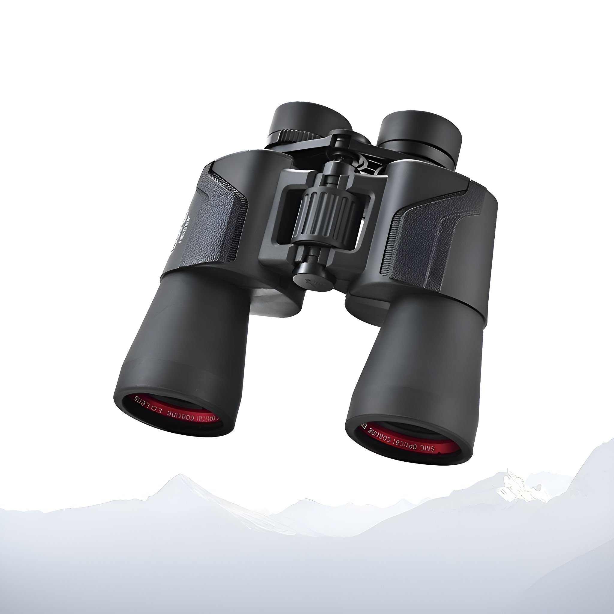 Schwarzes Fernglas mit roten Akzenten auf den Linsen. Der Hintergrund zeigt eine verschwommene Bergkette.