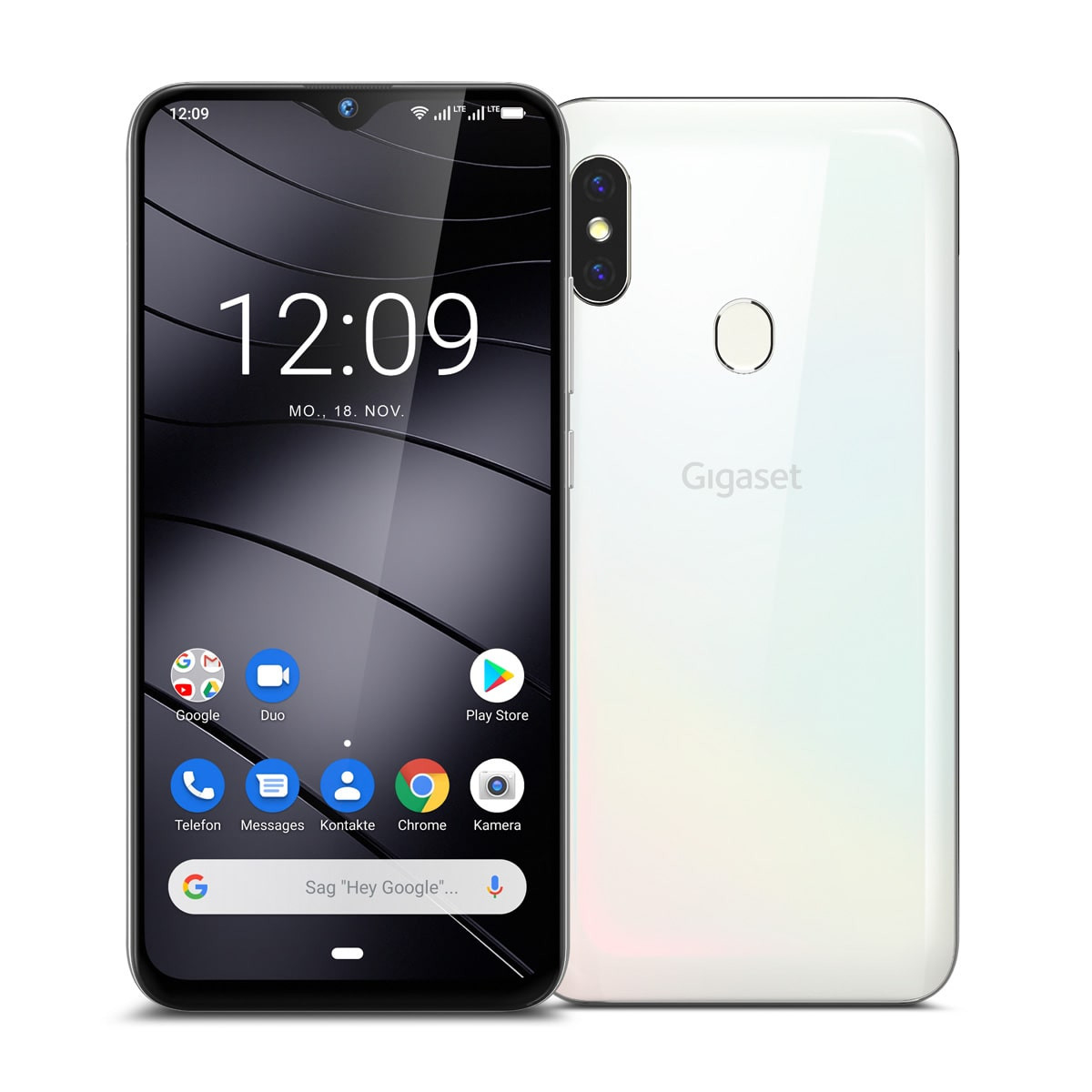 Smartphone, das die Uhrzeit 12:09 und das Datum anzeigt, neben einem anderen Telefon.