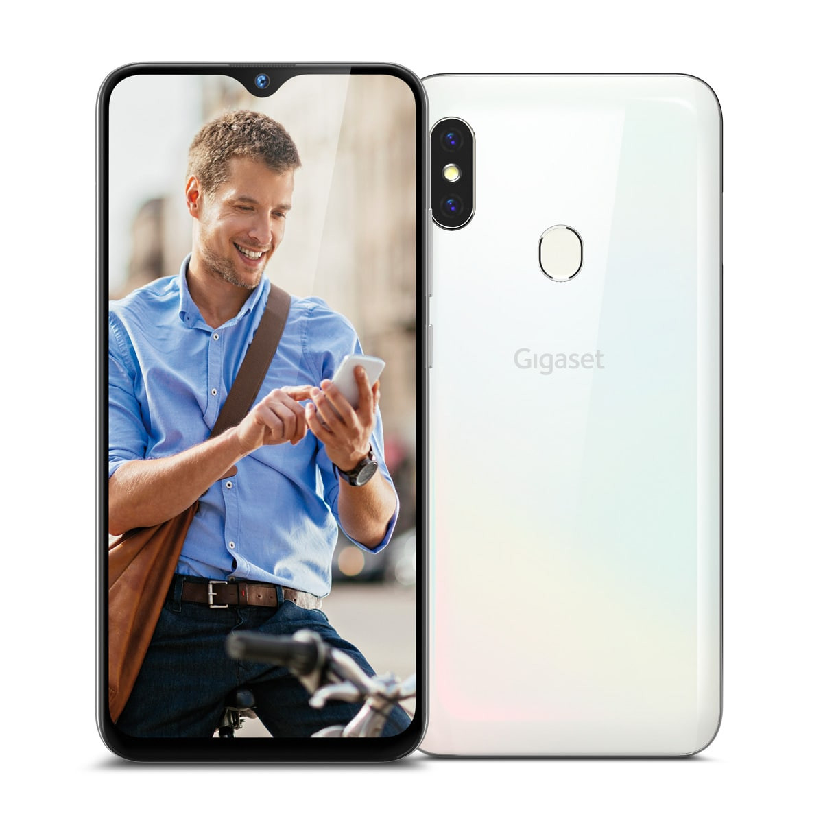 Ein Smartphone, das einen lächelnden Mann zeigt, der ein Telefon hält. Ein weiteres Telefon rechts.