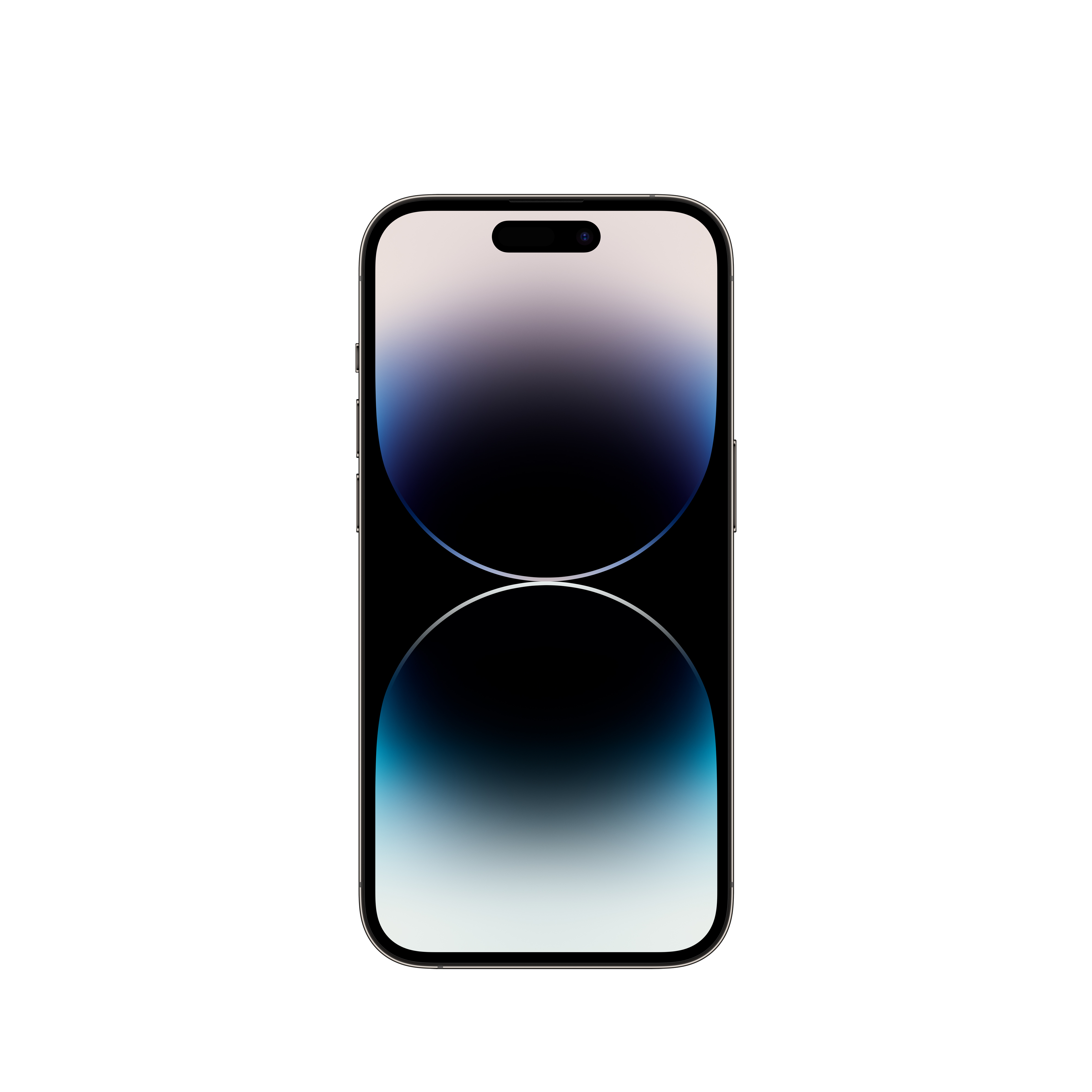 Czarny iPhone z wycięciem w kształcie pigułki i gradientową tapetą niebiesko-białą.