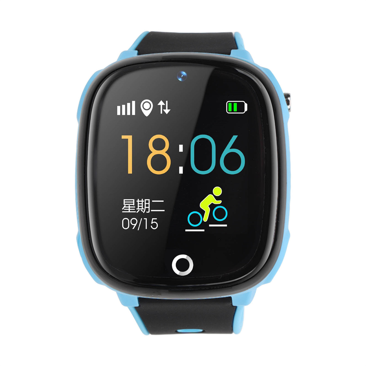 Eine schwarz-blaue Smartwatch mit 18:06 Uhr und Datum, sowie Signal- und Batteriesymbolen.