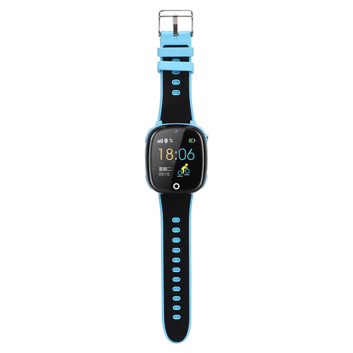 Eine blau-schwarze Smartwatch mit einem Bildschirm, der die Uhrzeit und ein Fahrradsymbol anzeigt.