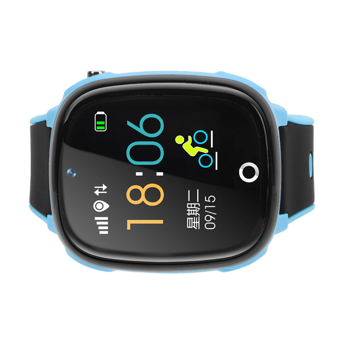 Eine schwarz-blaue Smartwatch zeigt 18:06 und Symbole auf dem Bildschirm.