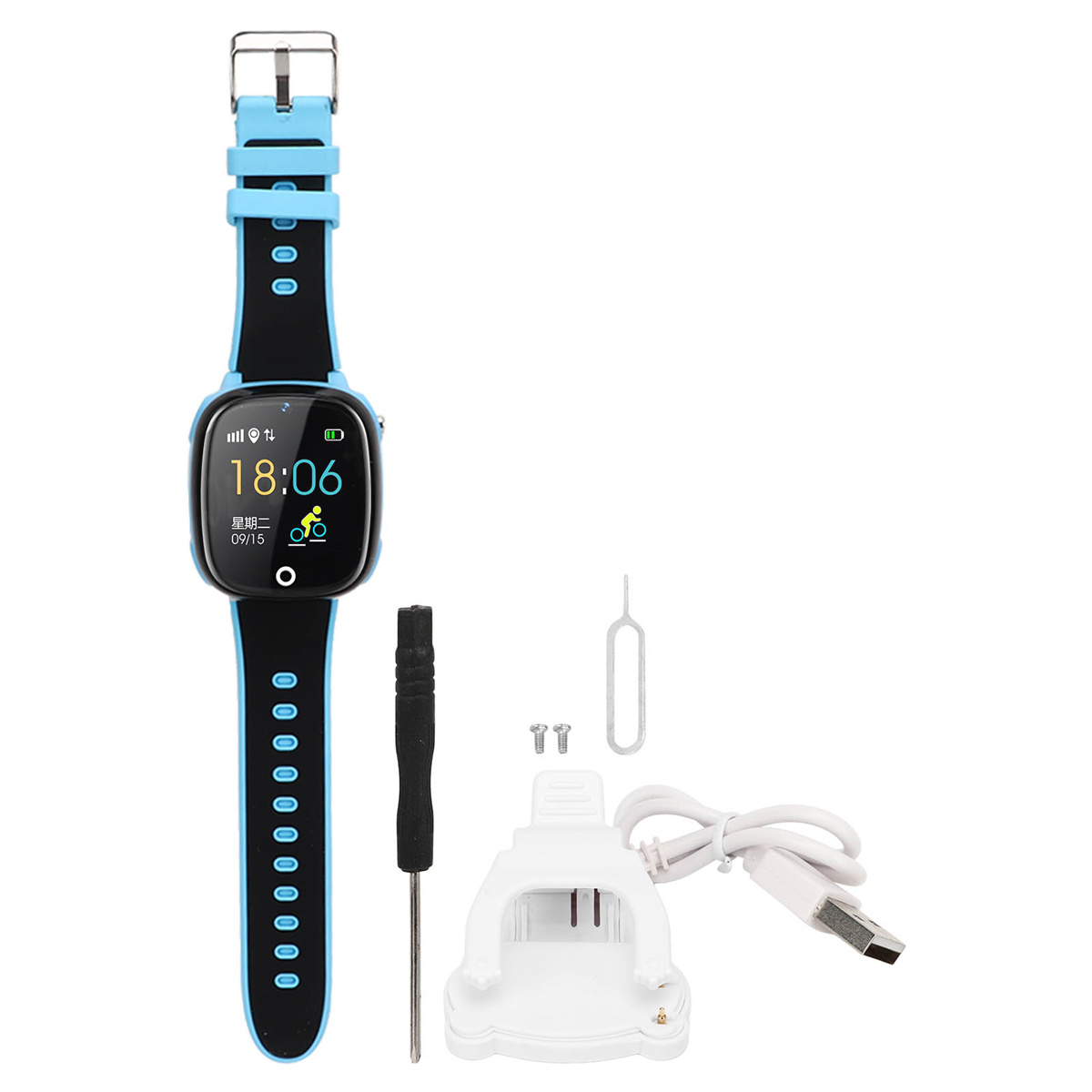 Blaue und schwarze Smartwatch mit Zubehör auf weißer Oberfläche.