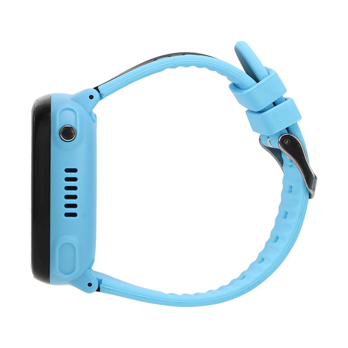 Eine blaue Smartwatch. Sie hat ein blaues Armband und einen schwarzen Bildschirm. Die Uhr hat eine gebogene Form.
