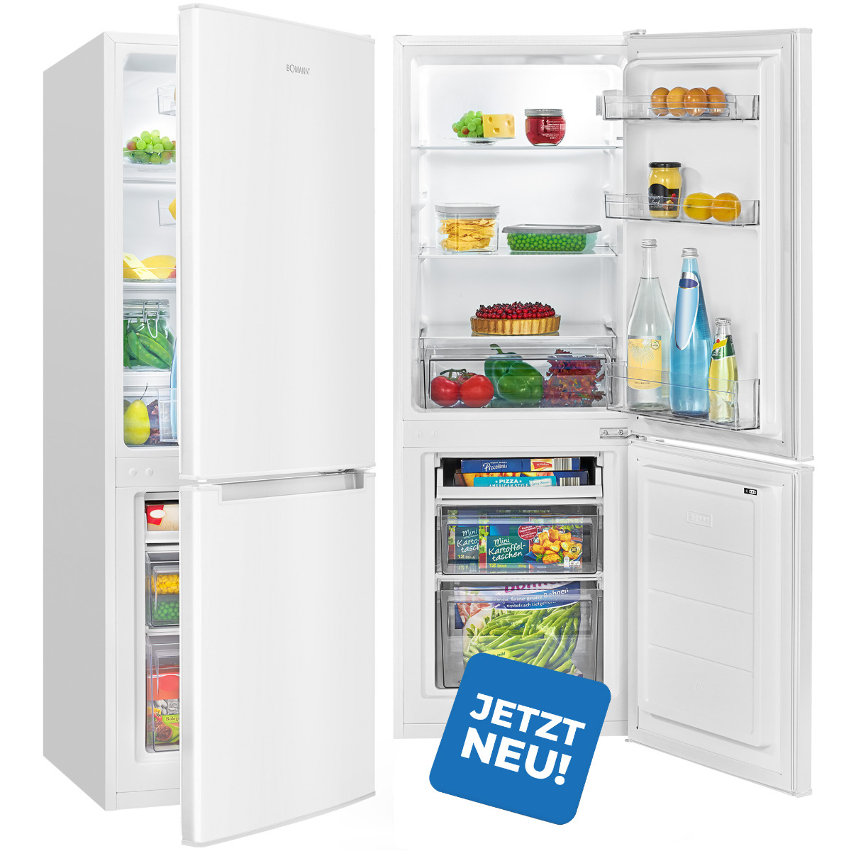 Weißer Kühlschrank mit geöffneten Türen, Regale mit Lebensmitteln.