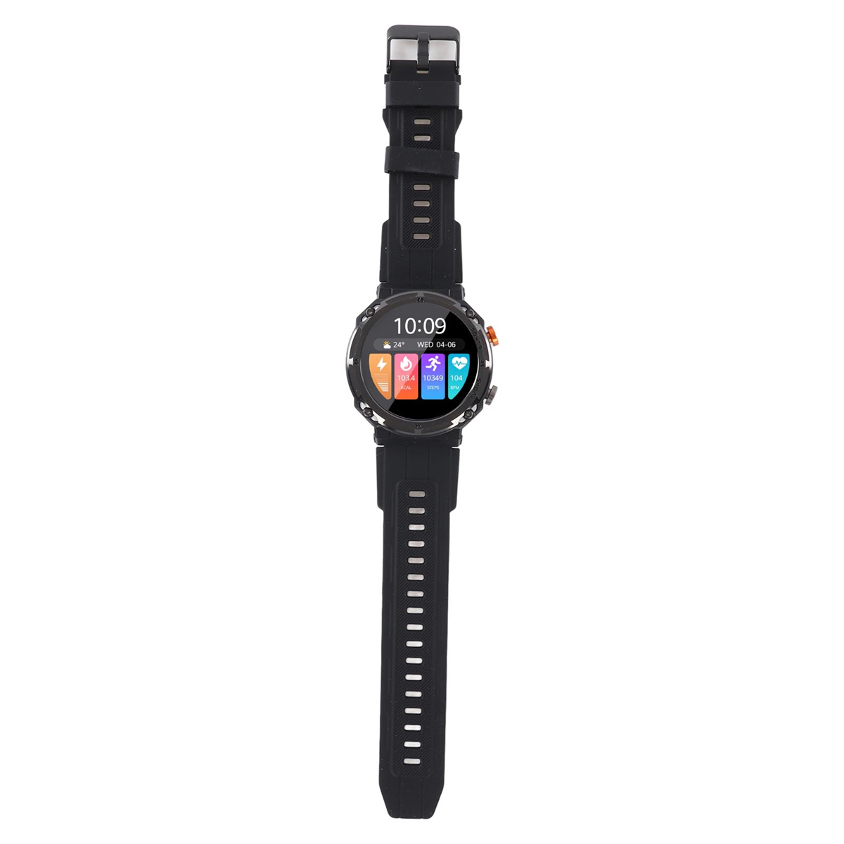 Eine schwarze Smartwatch mit schwarzem Armband. Sie zeigt Zeit, Datum und Gesundheitsmetriken an.